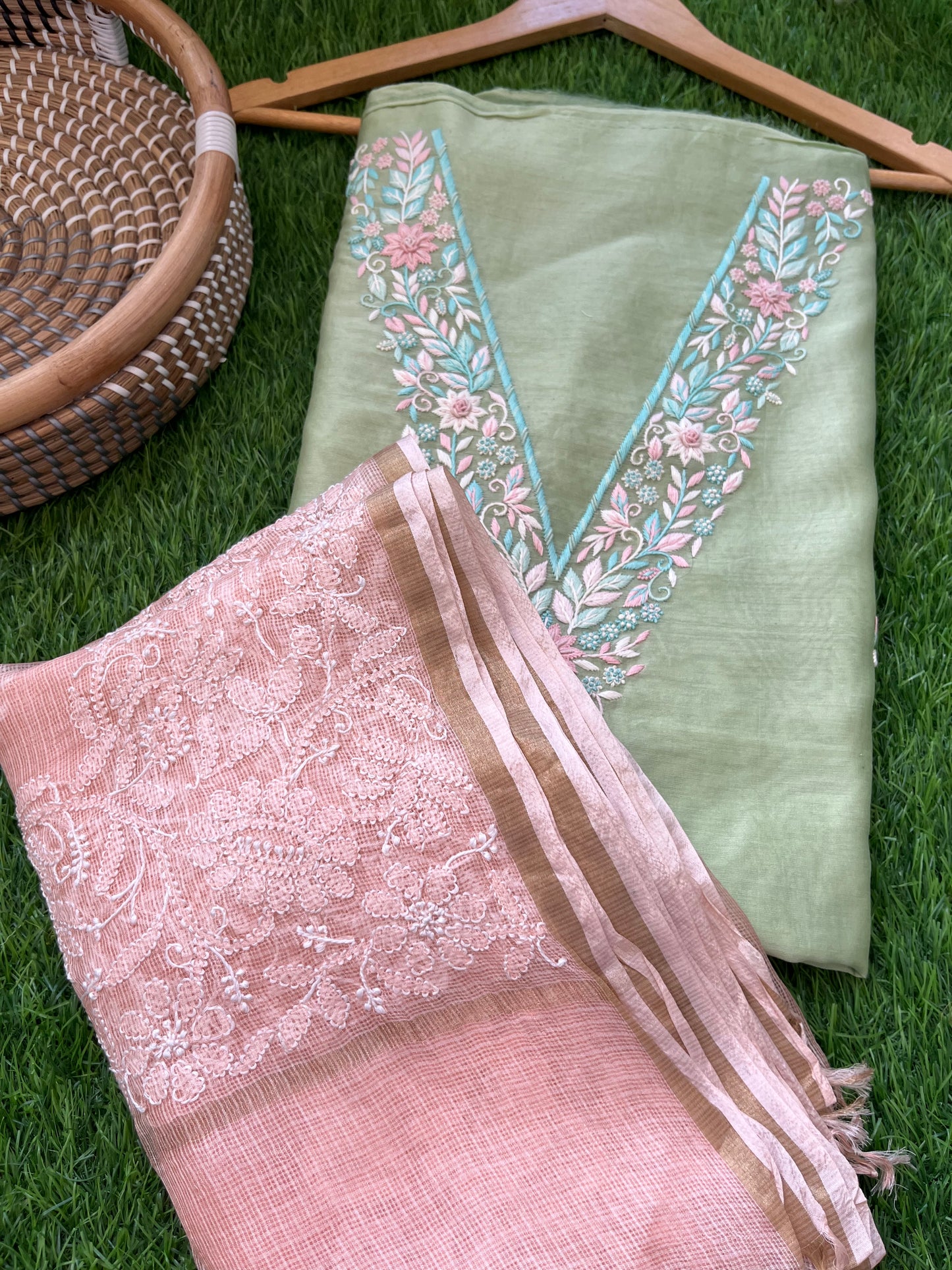 Hand embroidered chanderi kurta kota silk chikan work dupatta