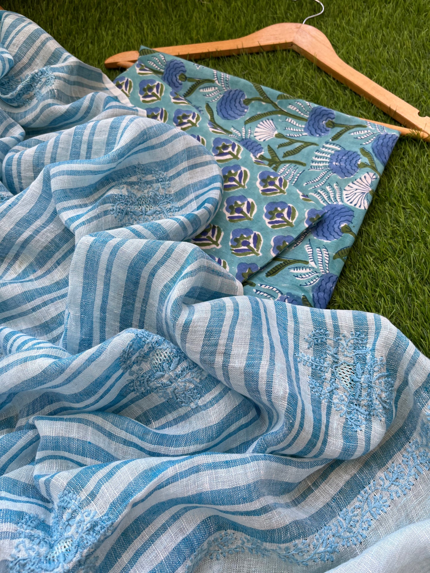 Cotton block print kurta bottom fabric chikan work dupatta