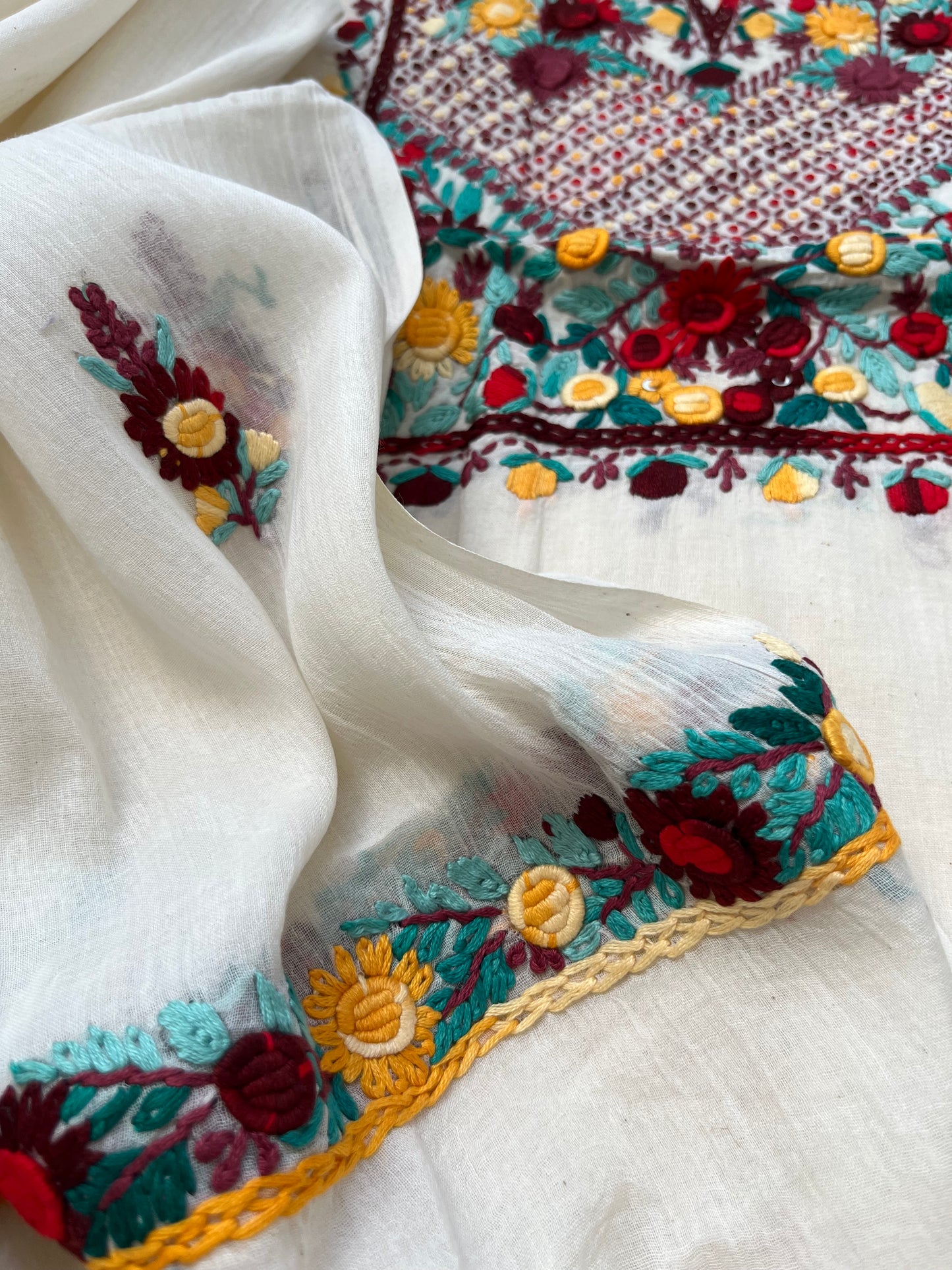 Handwoven Cotton knot work embroidered kurta dupatta and plain bottom fabric