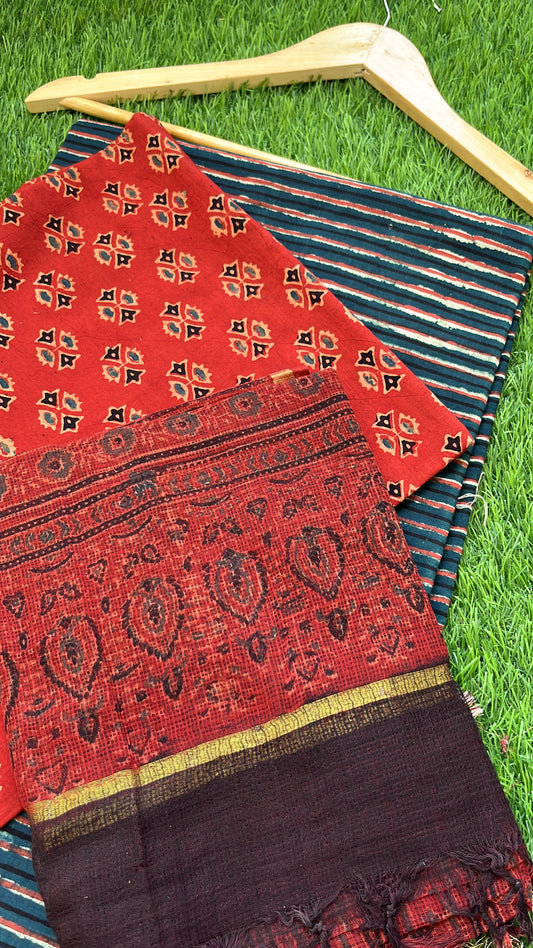Ajrakh cotton Kurta bottom and kota doria dupatta