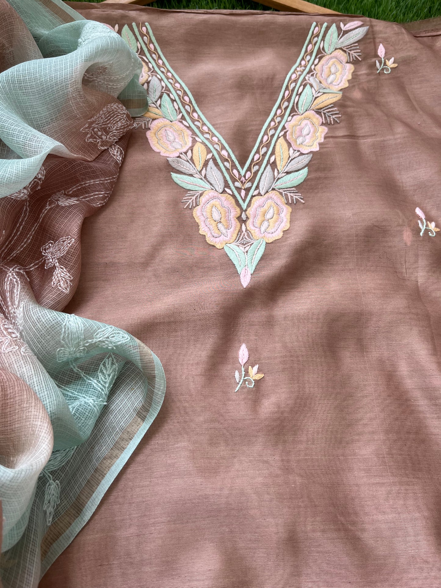 Hand embroidered chanderi kurta kota silk chikan work dupatta