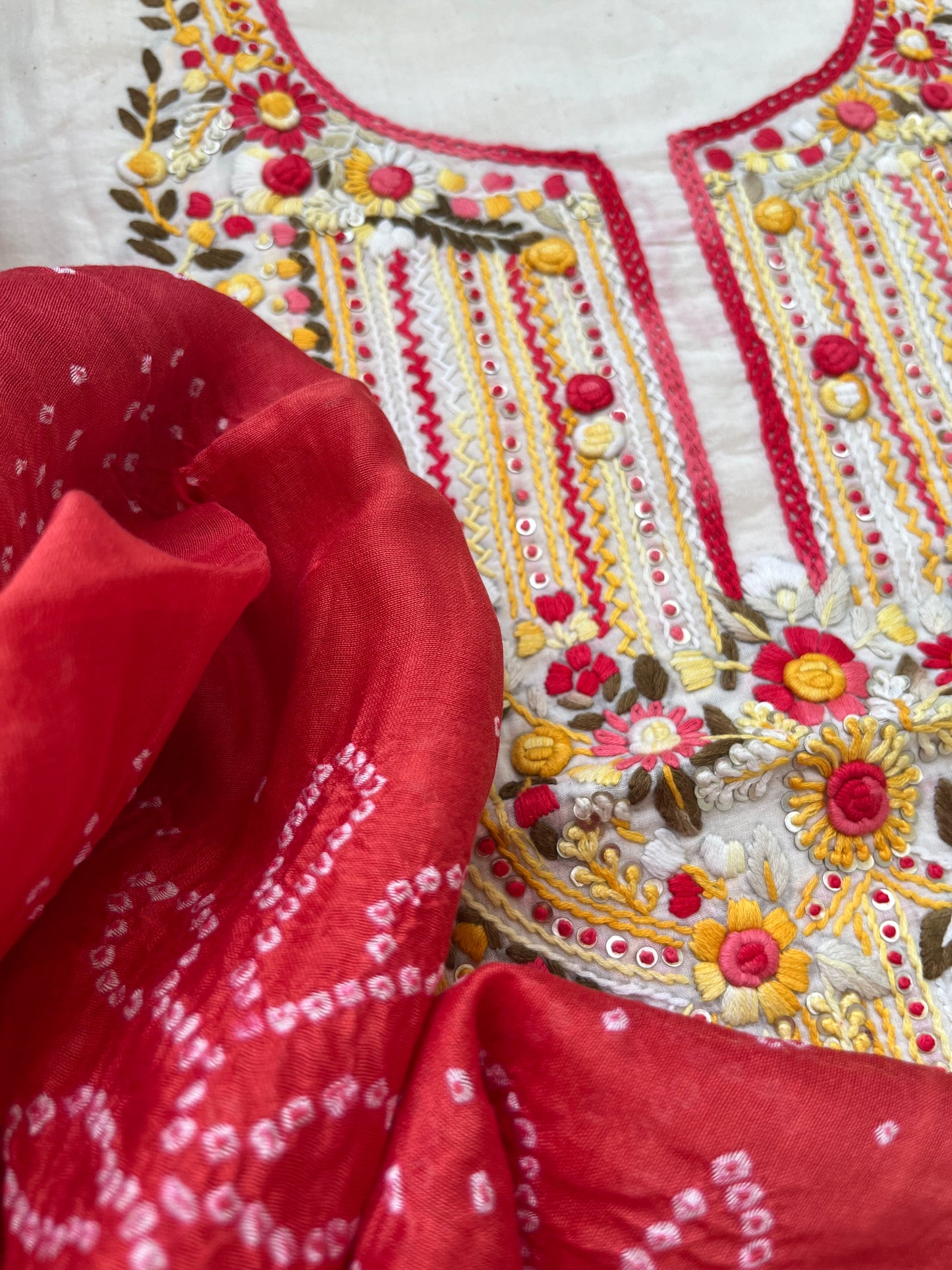 Handwoven Cotton knot work embroidered kurta bandhani dupatta and plain bottom fabric