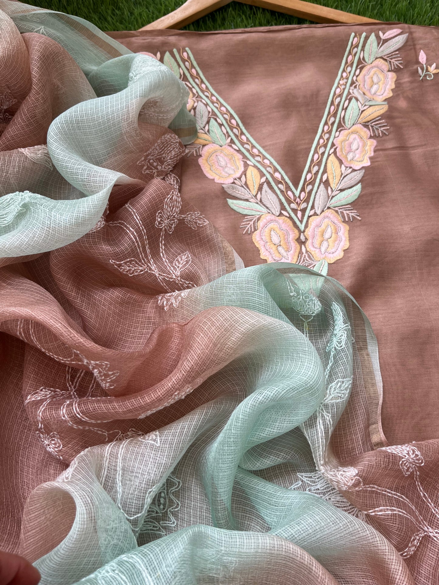 Hand embroidered chanderi kurta kota silk chikan work dupatta