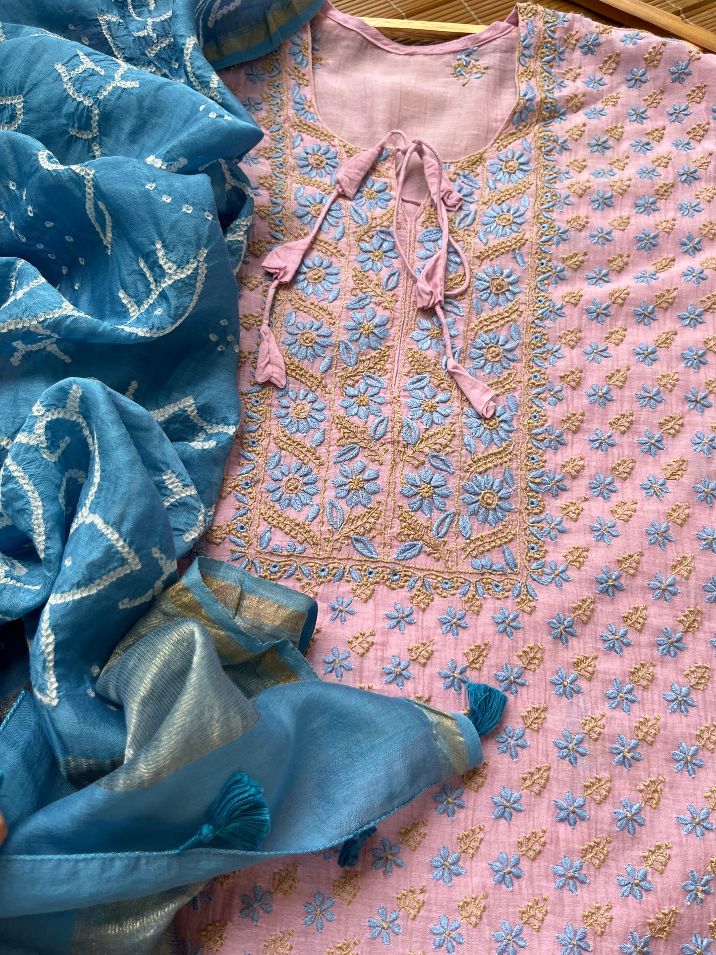 Chanderi Chikankari Kurta bandhani Dupatta