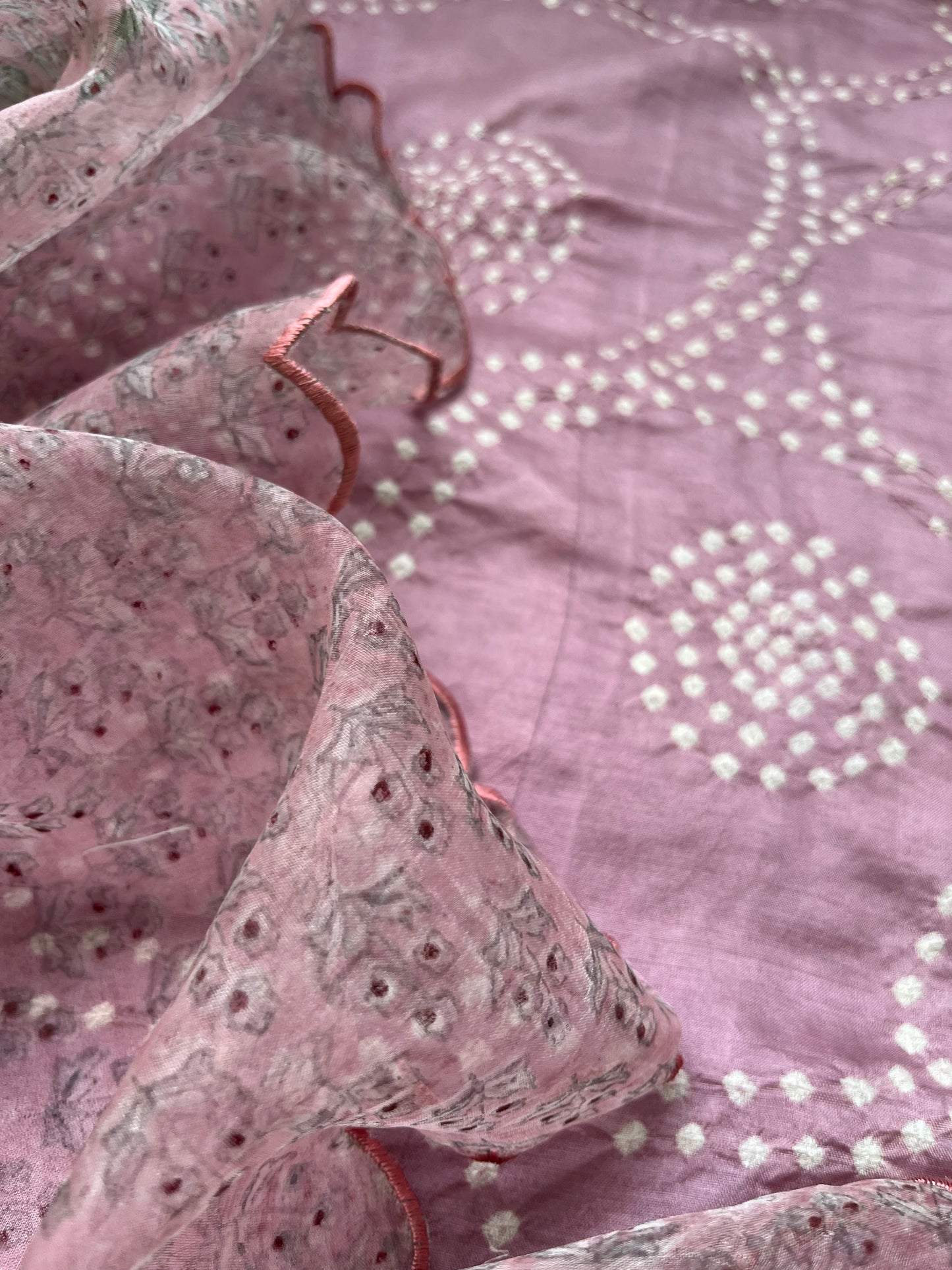 Mulberry Silk bandhani kurta organza block print dupatta