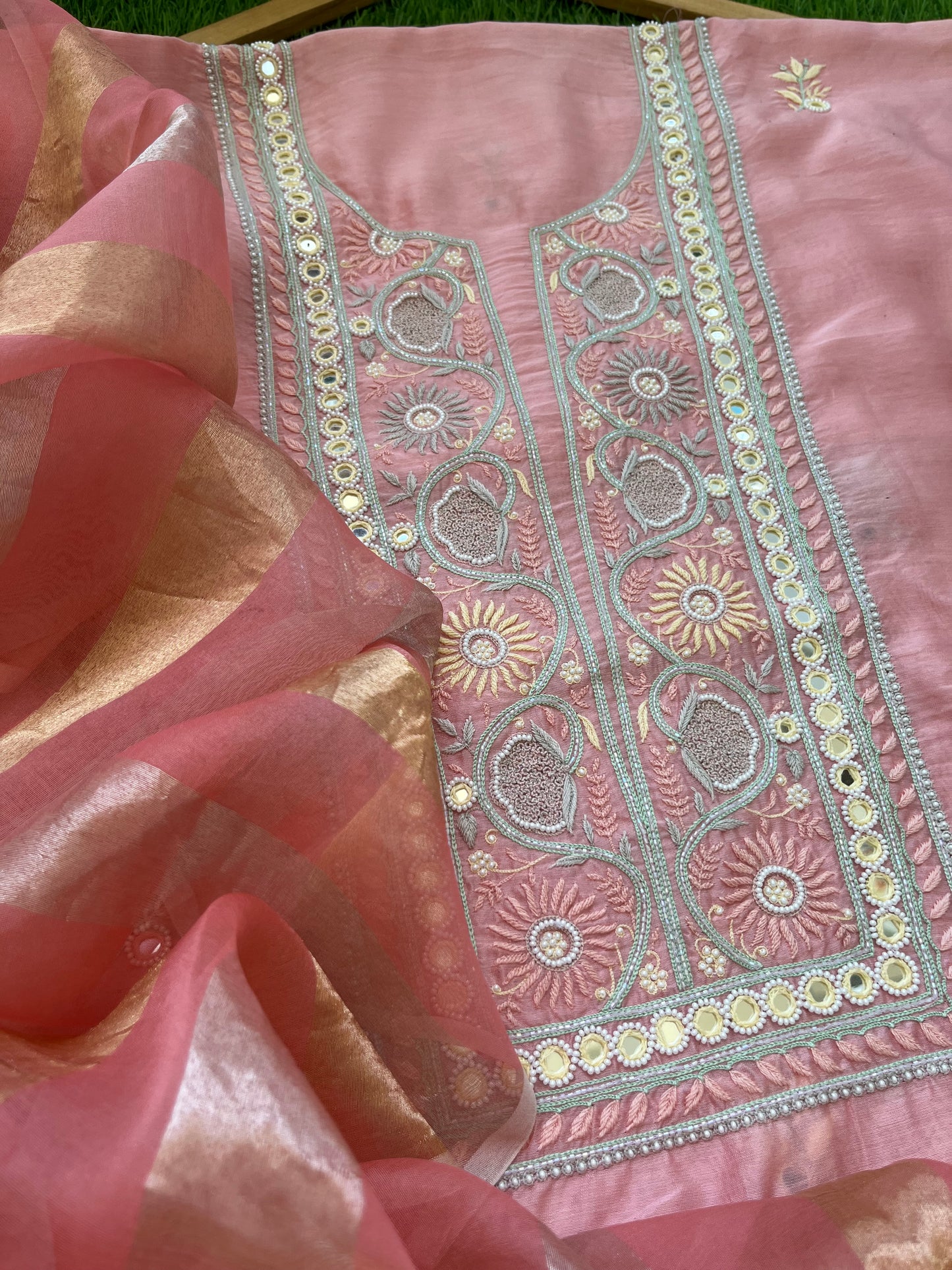 त्योहार :organza Dupatta with chanderi hand embroidered kurta bottom Fabric