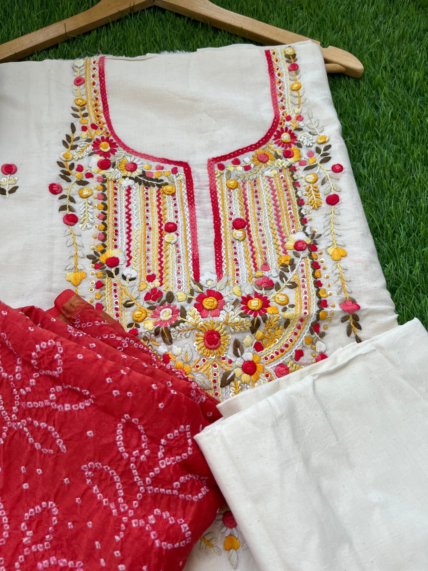 Handwoven Cotton knot work embroidered kurta bandhani dupatta and plain bottom fabric
