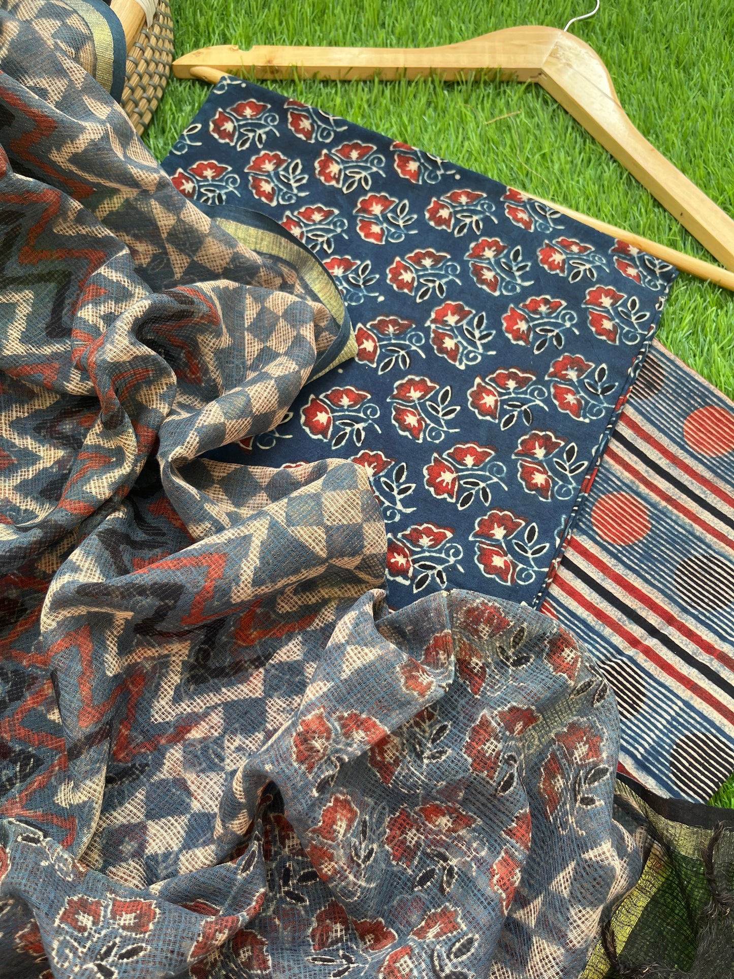 Ajrakh cotton Kurta bottom and kota doria dupatta
