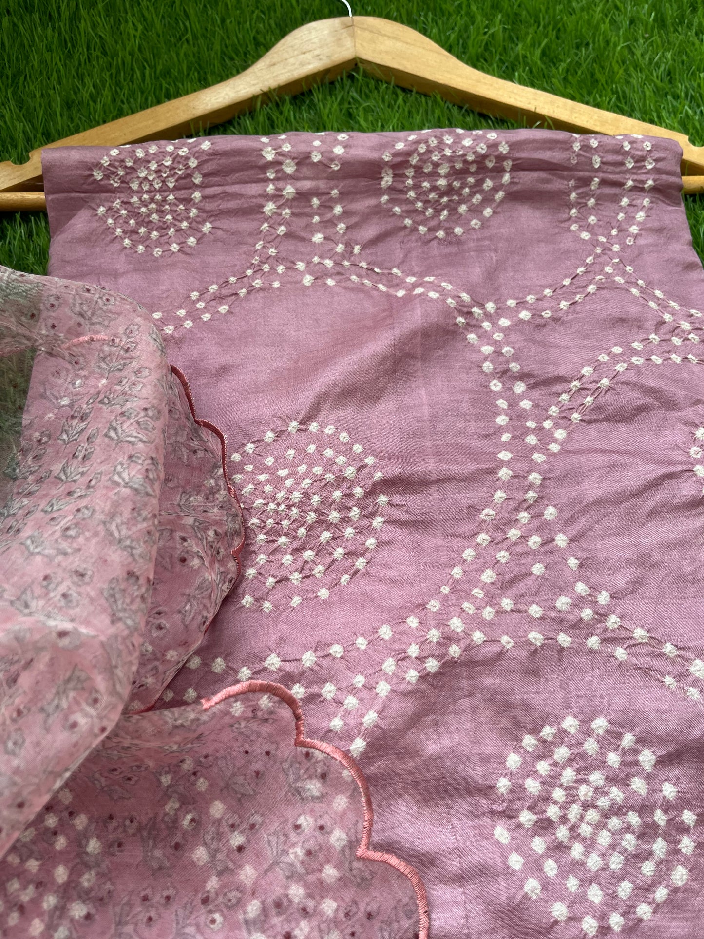 Mulberry Silk bandhani kurta organza block print dupatta