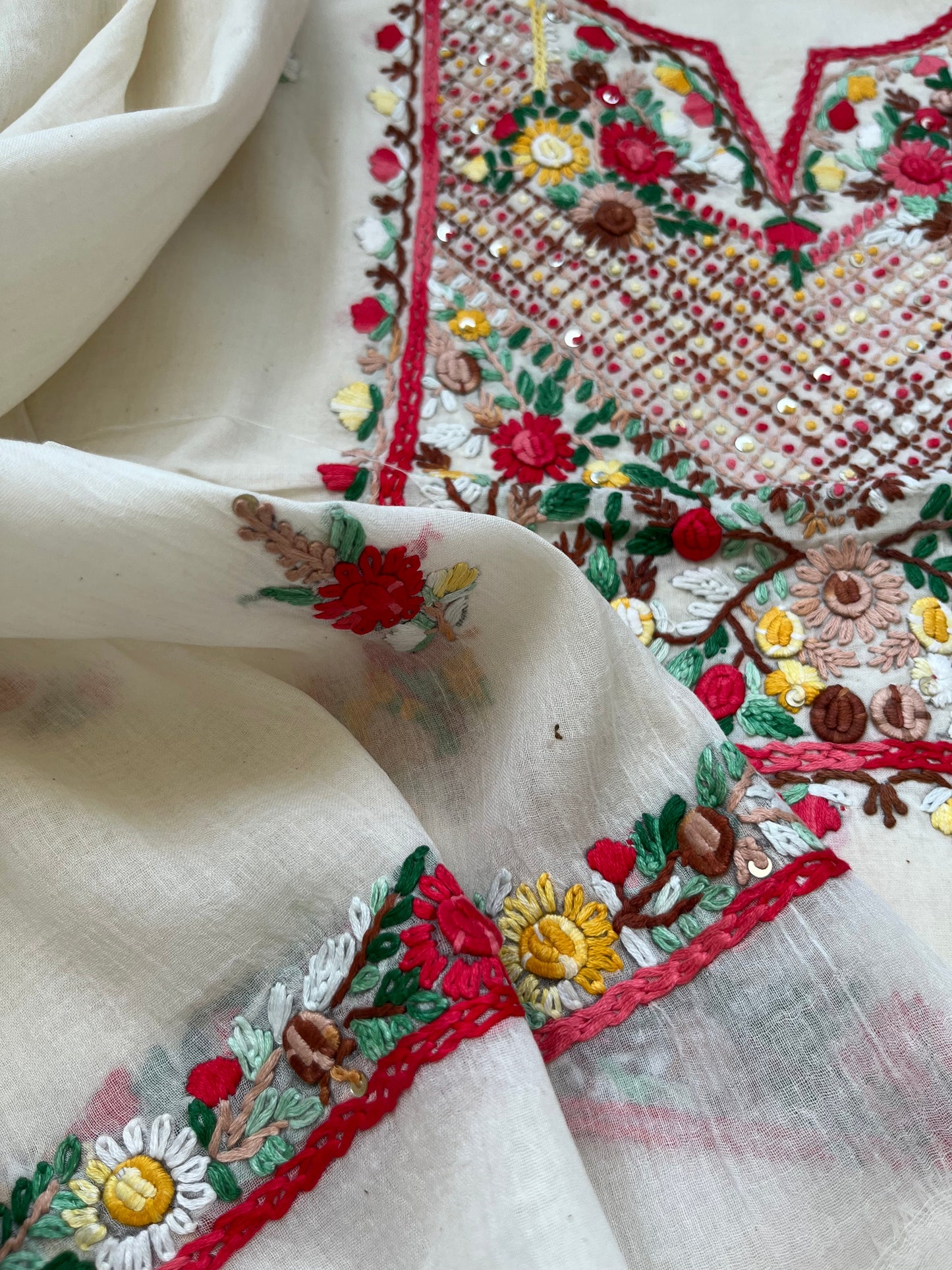Handwoven Cotton knot work embroidered kurta dupatta and plain bottom fabric