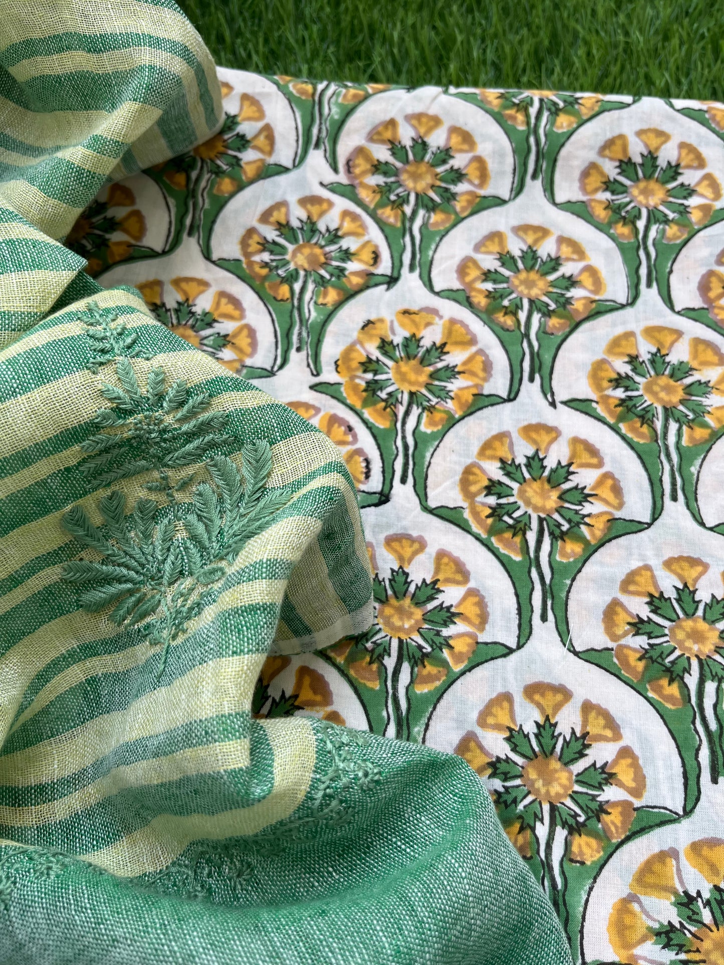 Cotton block print kurta fabric chikan work dupatta