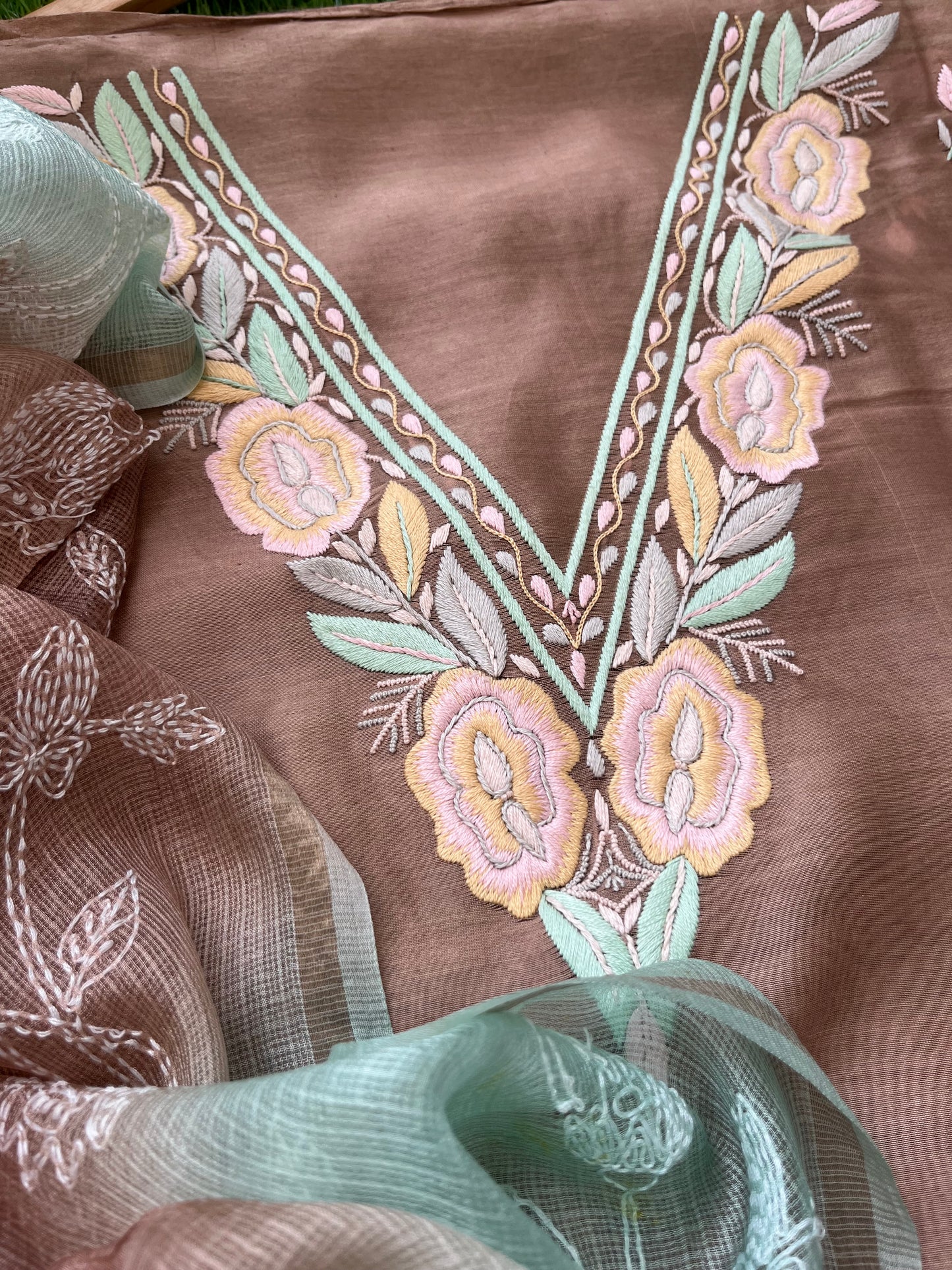 Hand embroidered chanderi kurta kota silk chikan work dupatta