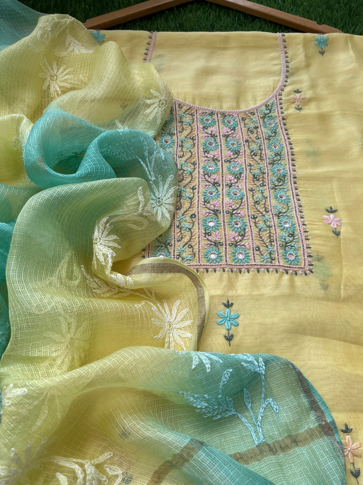 Hand embroidered chanderi kurta kota silk chikan work dupatta