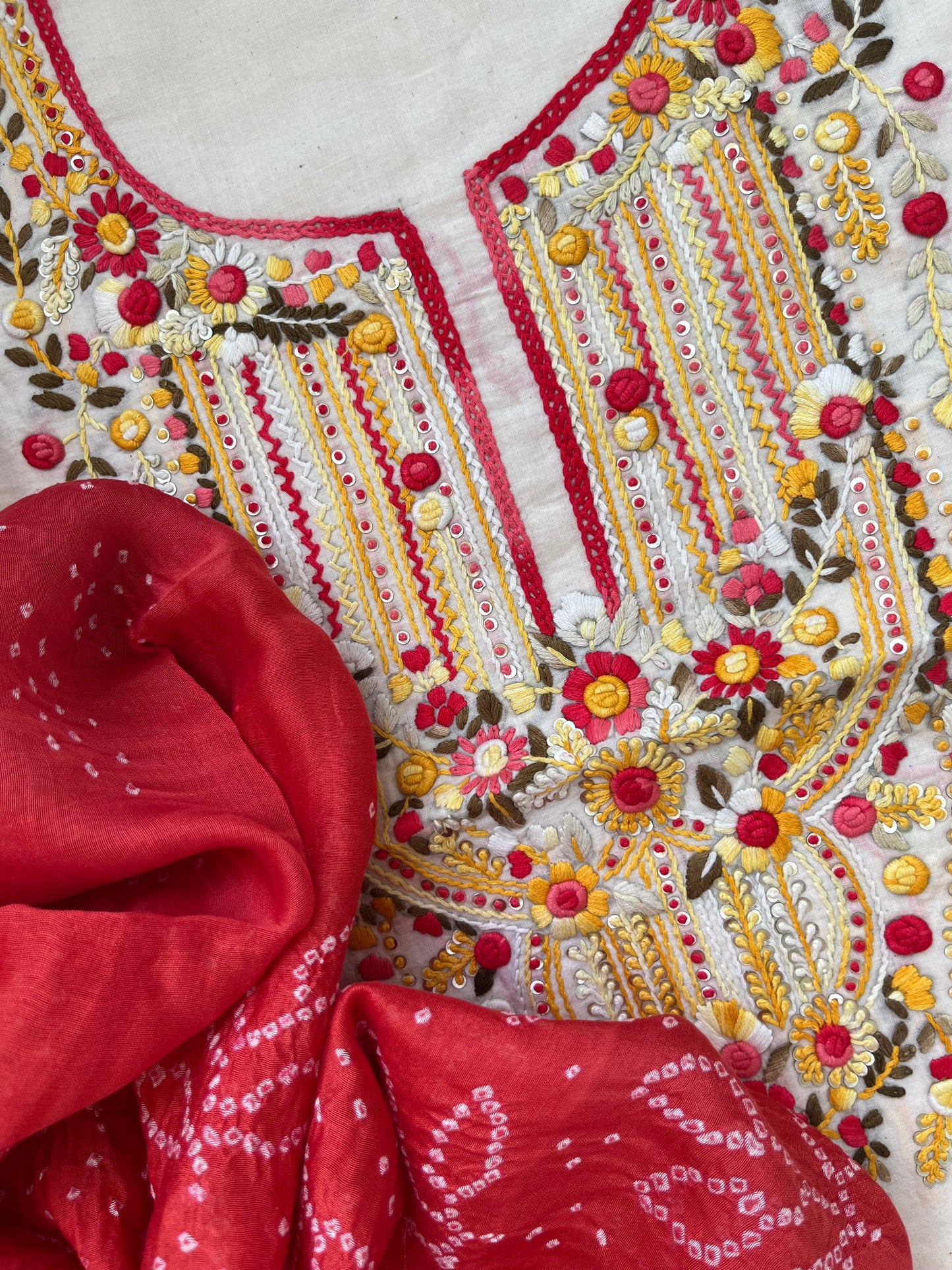 Handwoven Cotton knot work embroidered kurta bandhani dupatta and plain bottom fabric