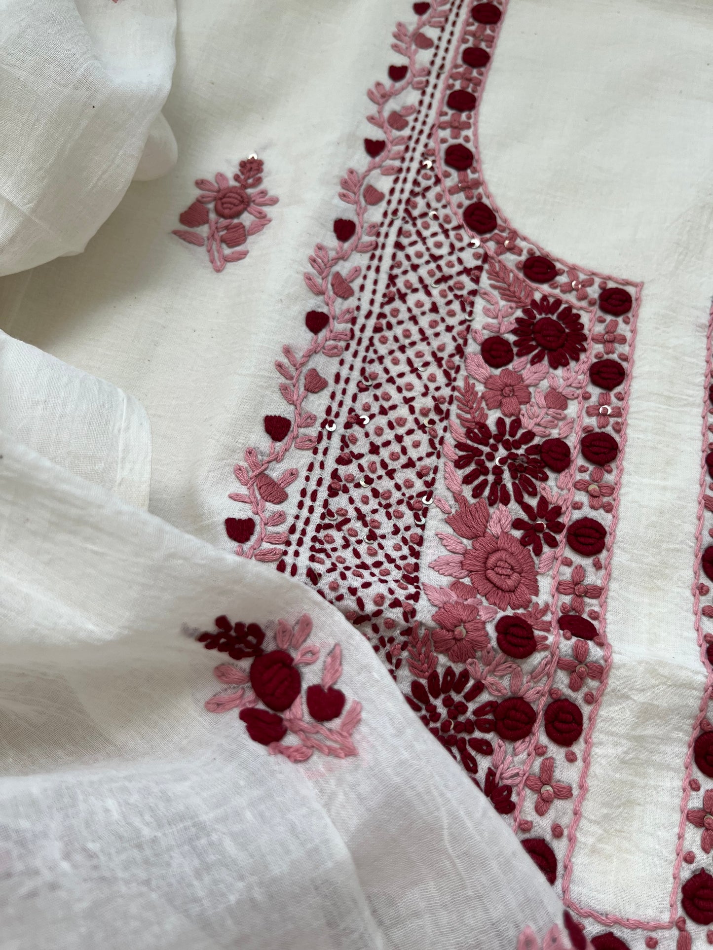 Handwoven Cotton knot work embroidered kurta dupatta and plain bottom fabric
