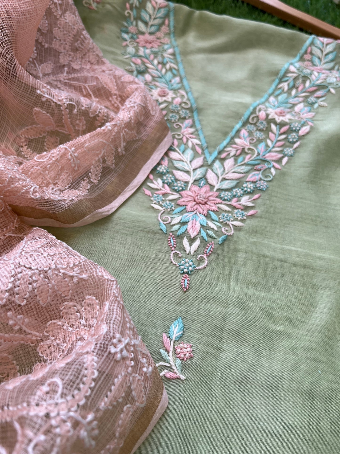 Hand embroidered chanderi kurta kota silk chikan work dupatta