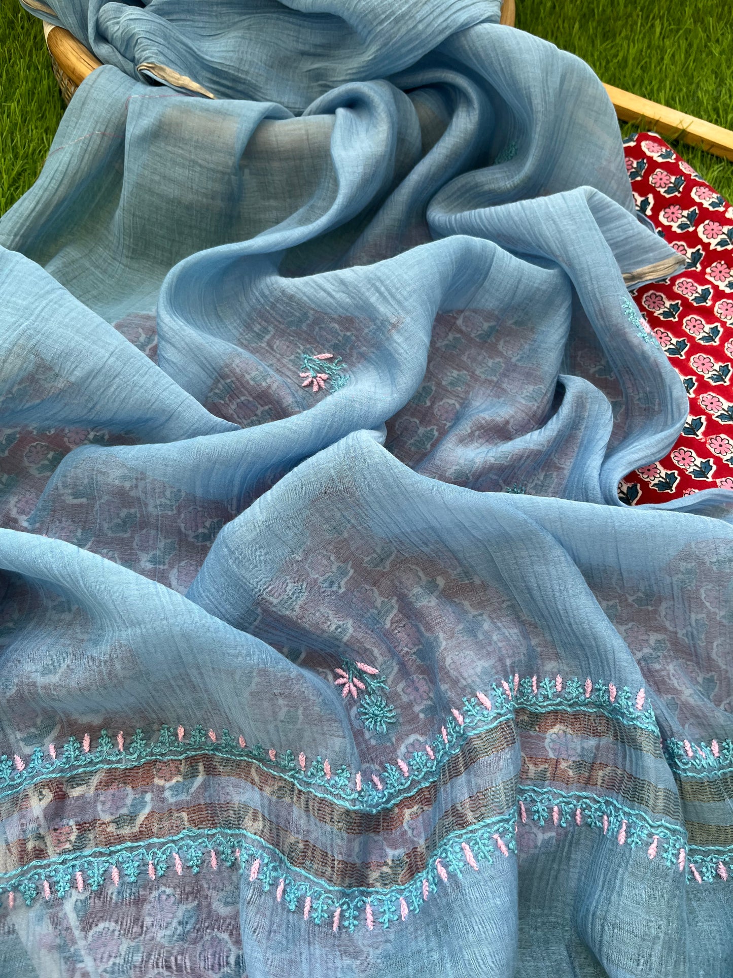 रोज़ाना :Chanderi Chikankari Dupatta with cotton block print kurta bottom Fabric