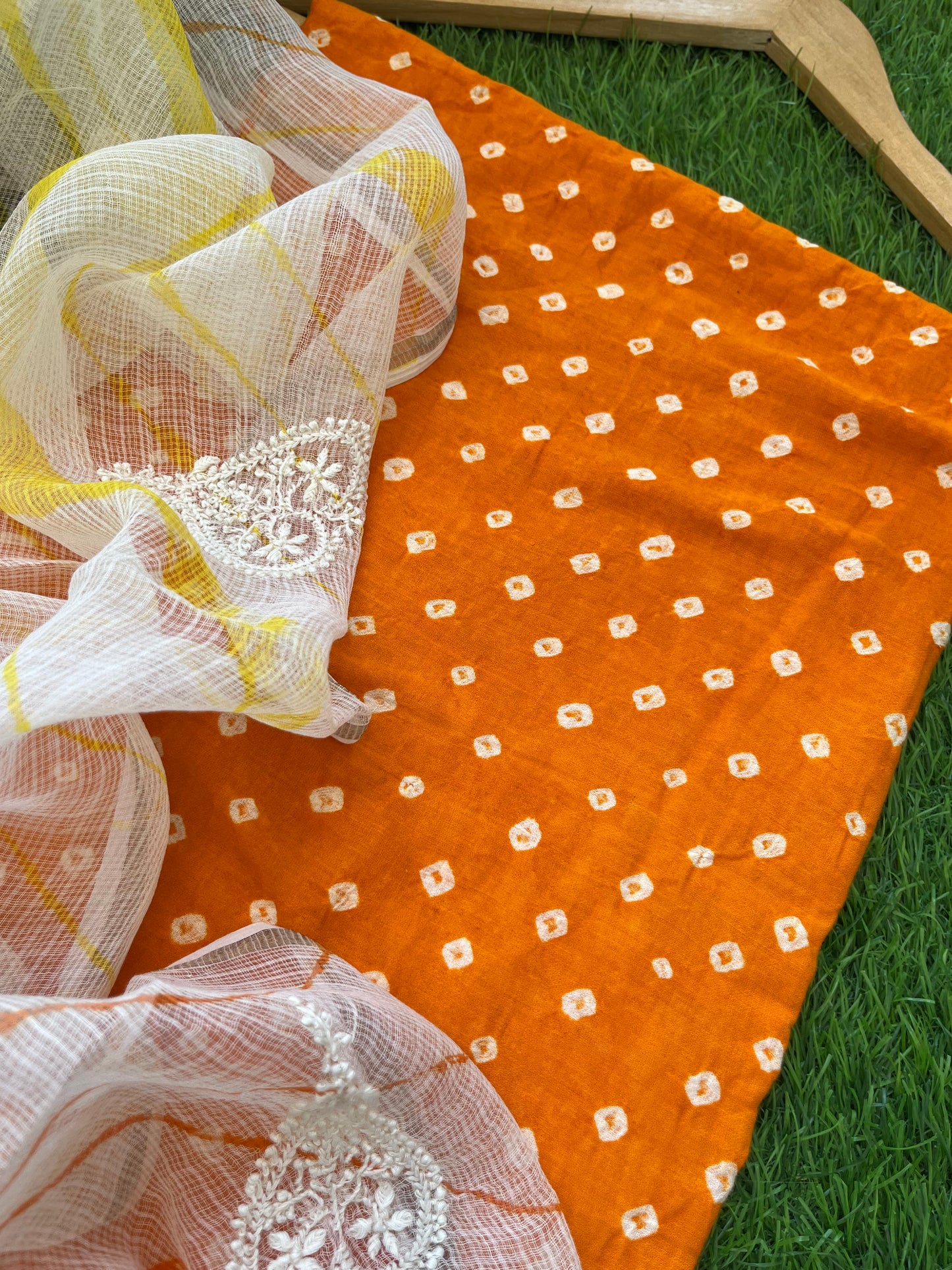 Cotton bandhani kurta fabric kota doria chikan work dupatta
