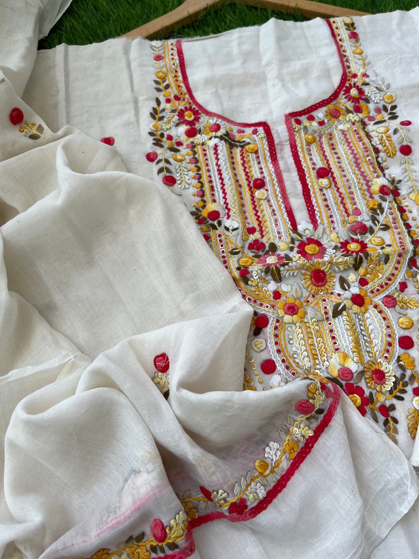 Handwoven Cotton knot work embroidered kurta dupatta and plain bottom fabric