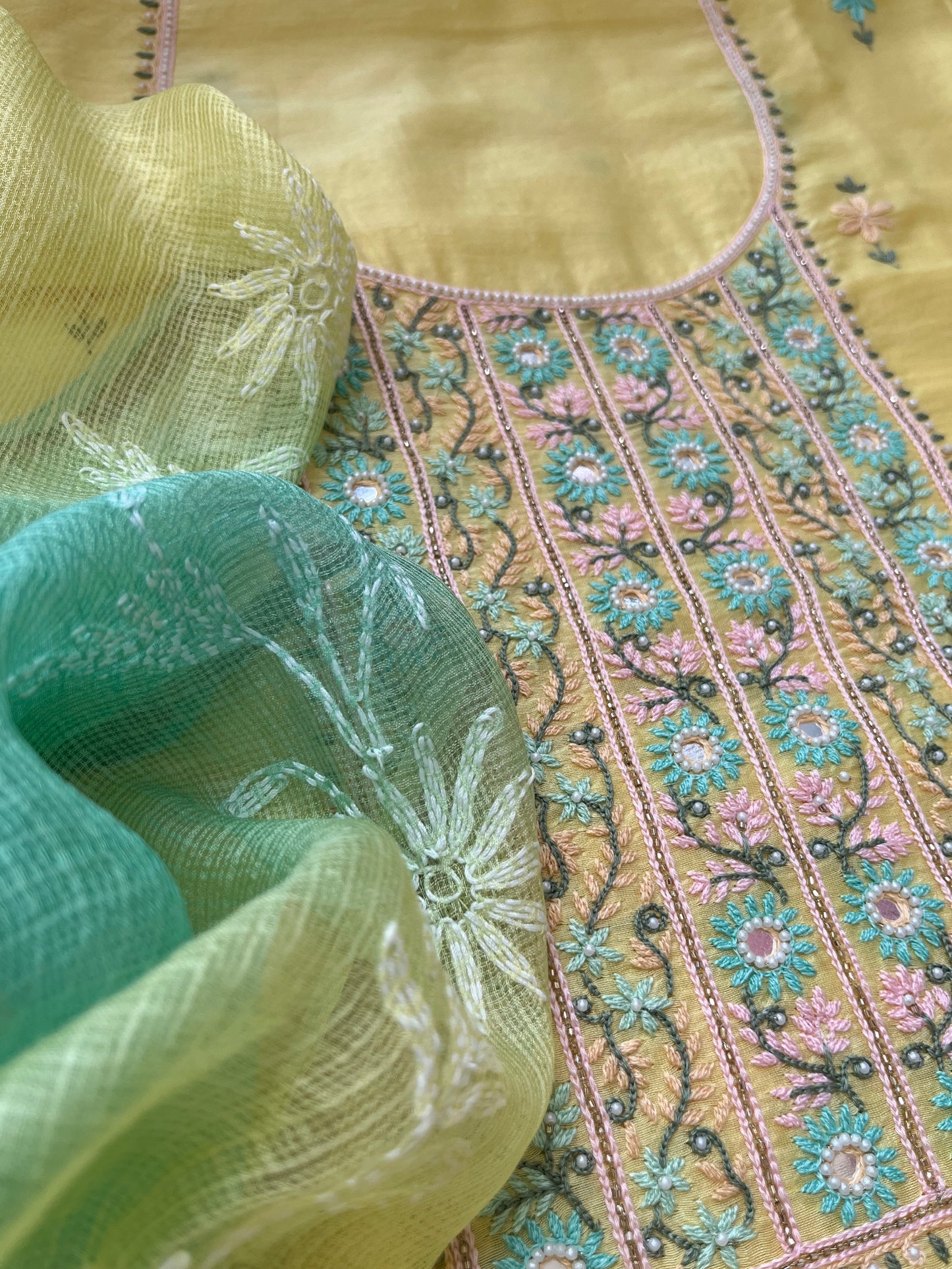 Hand embroidered chanderi kurta kota silk chikan work dupatta