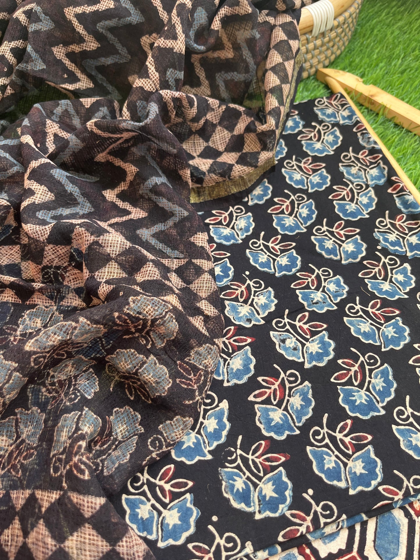 Ajrakh cotton Kurta bottom and kota doria dupatta
