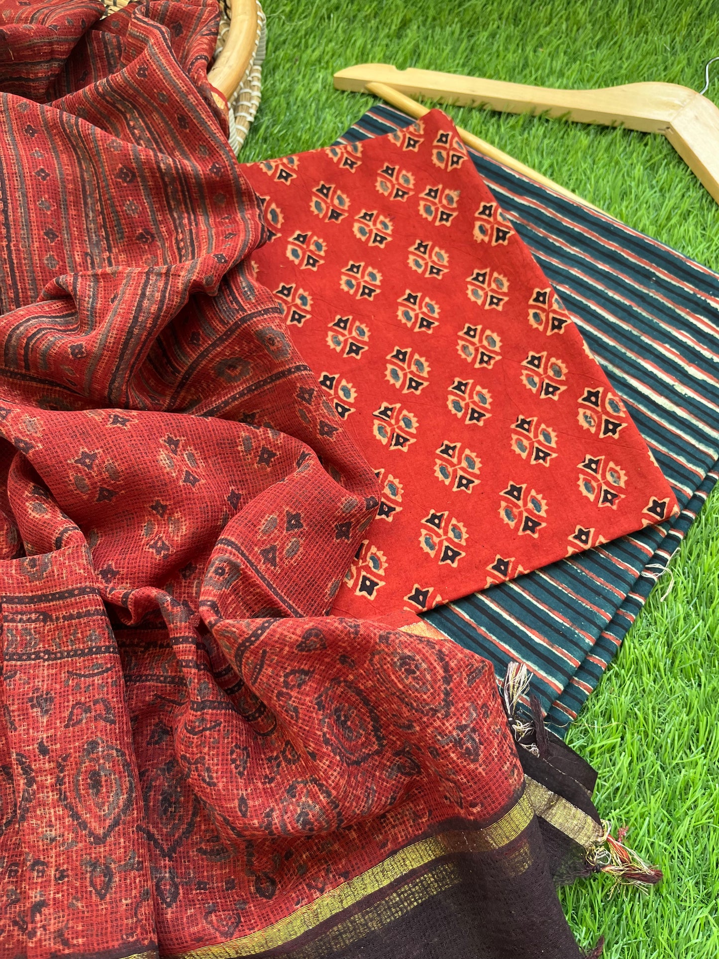 Ajrakh cotton Kurta bottom and kota doria dupatta