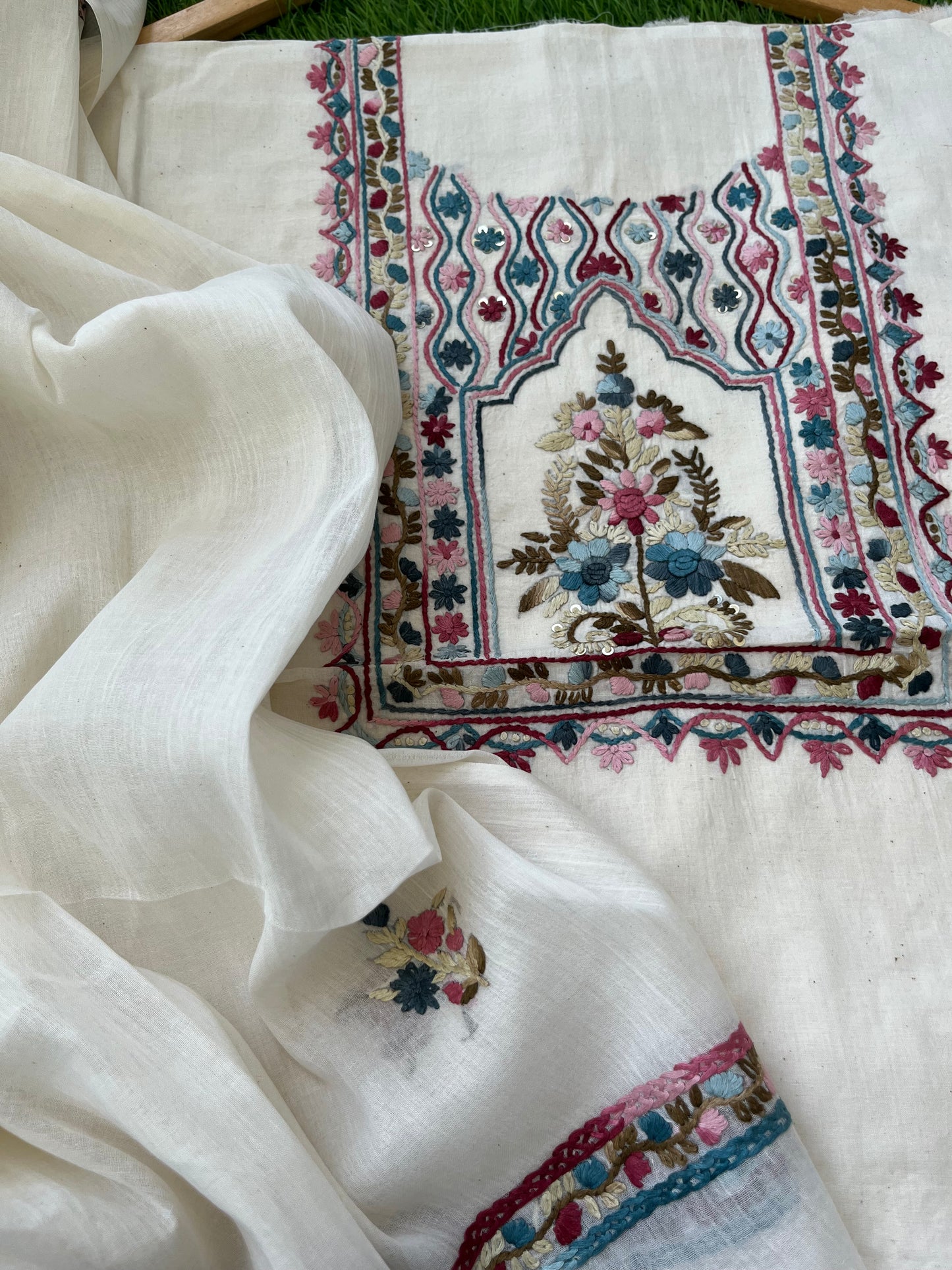 Handwoven Cotton knot work embroidered kurta dupatta and plain bottom fabric