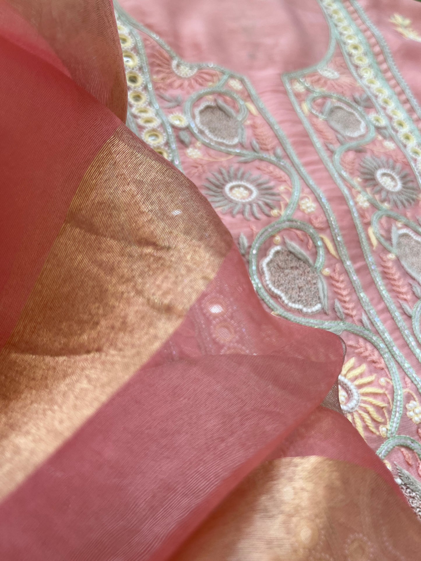 त्योहार :organza Dupatta with chanderi hand embroidered kurta bottom Fabric