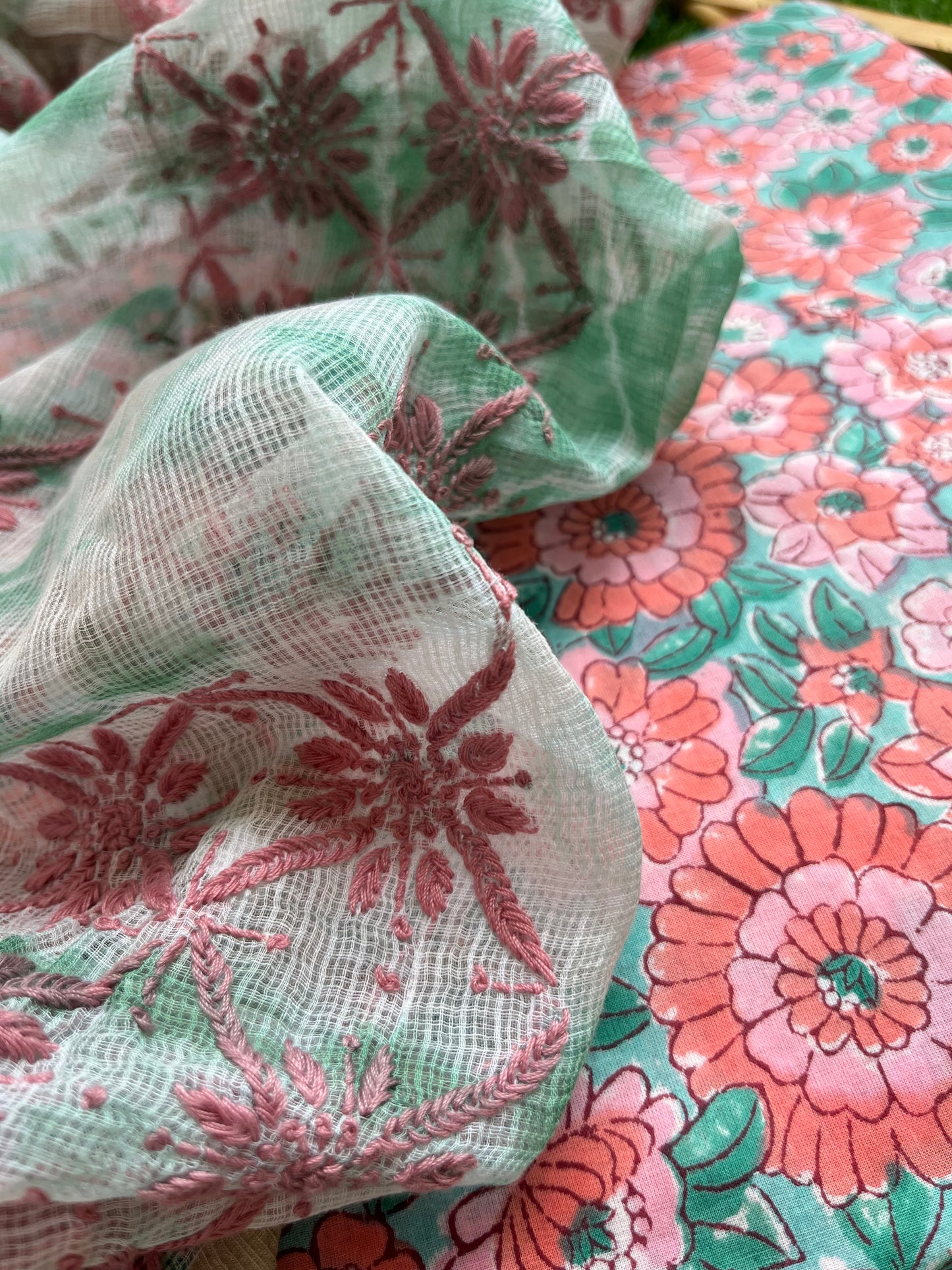 Kota Chikankari Dupatta with print kurta bottom Fabric