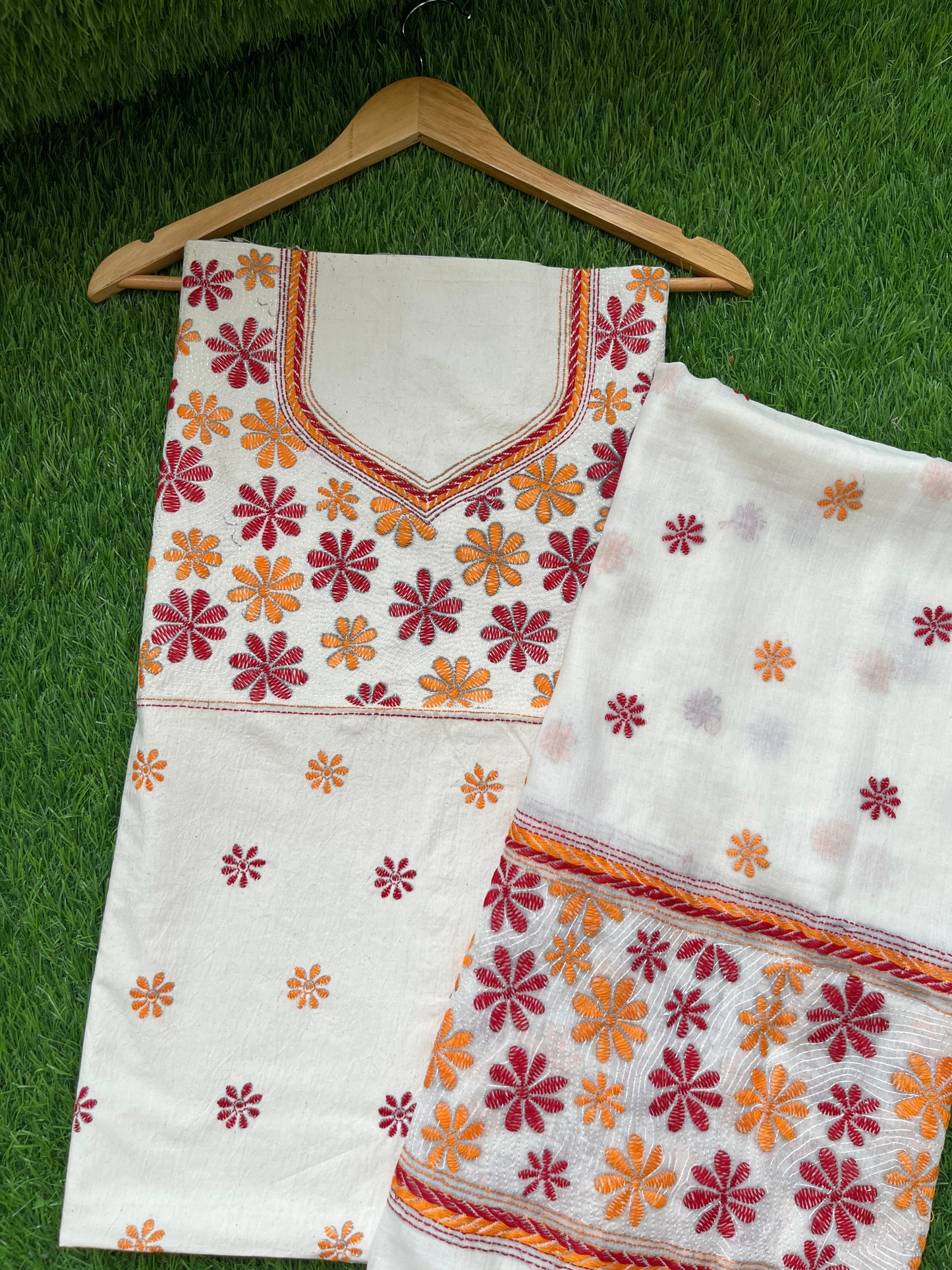 Handwoven Cotton Kantha Kurta Dupatta