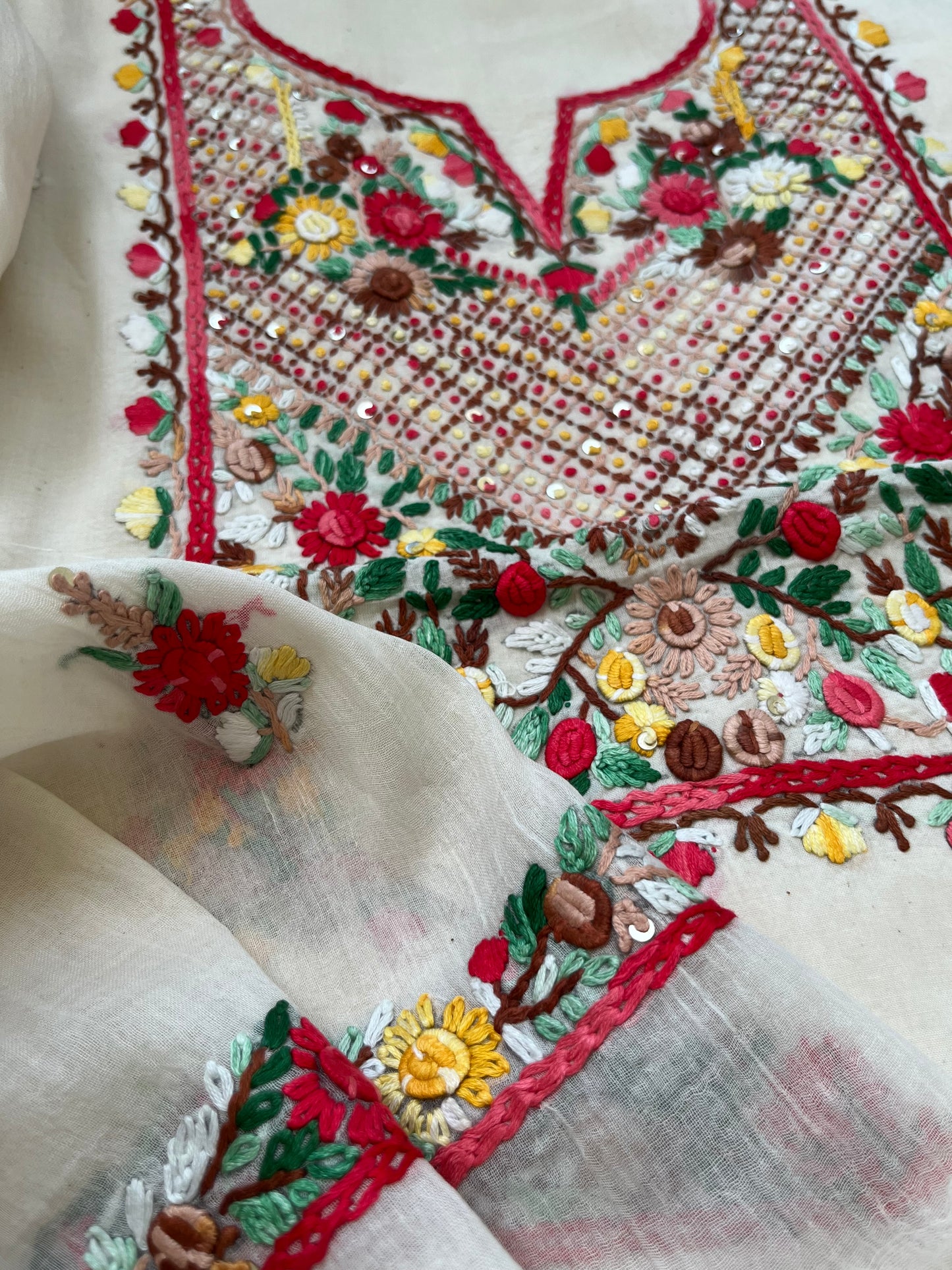 Handwoven Cotton knot work embroidered kurta dupatta and plain bottom fabric