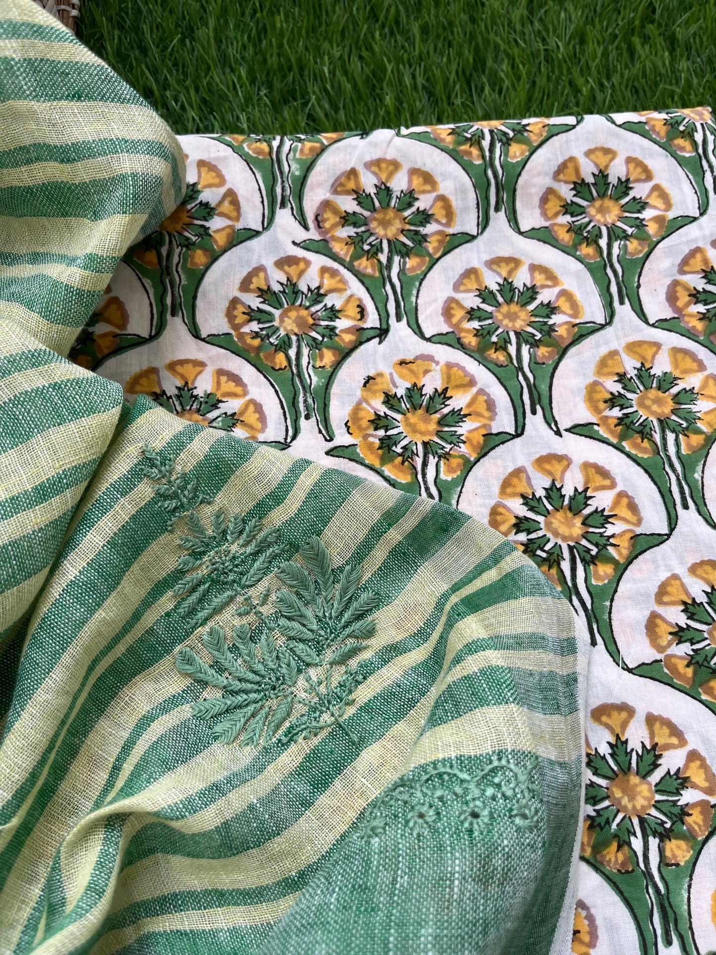 Cotton block print kurta fabric chikan work dupatta