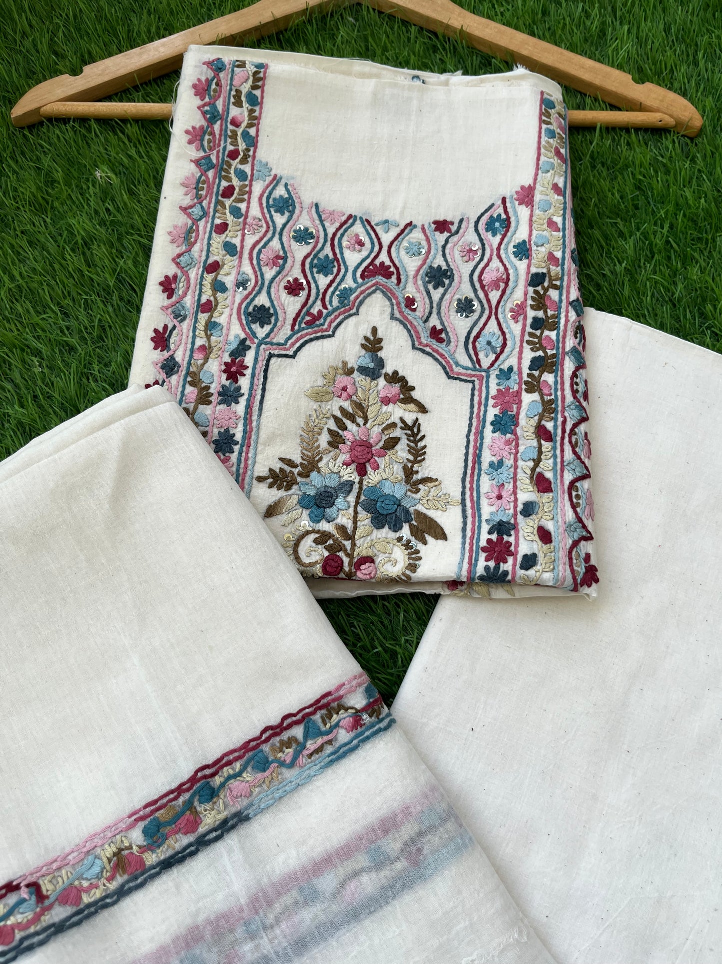 Handwoven Cotton knot work embroidered kurta dupatta and plain bottom fabric