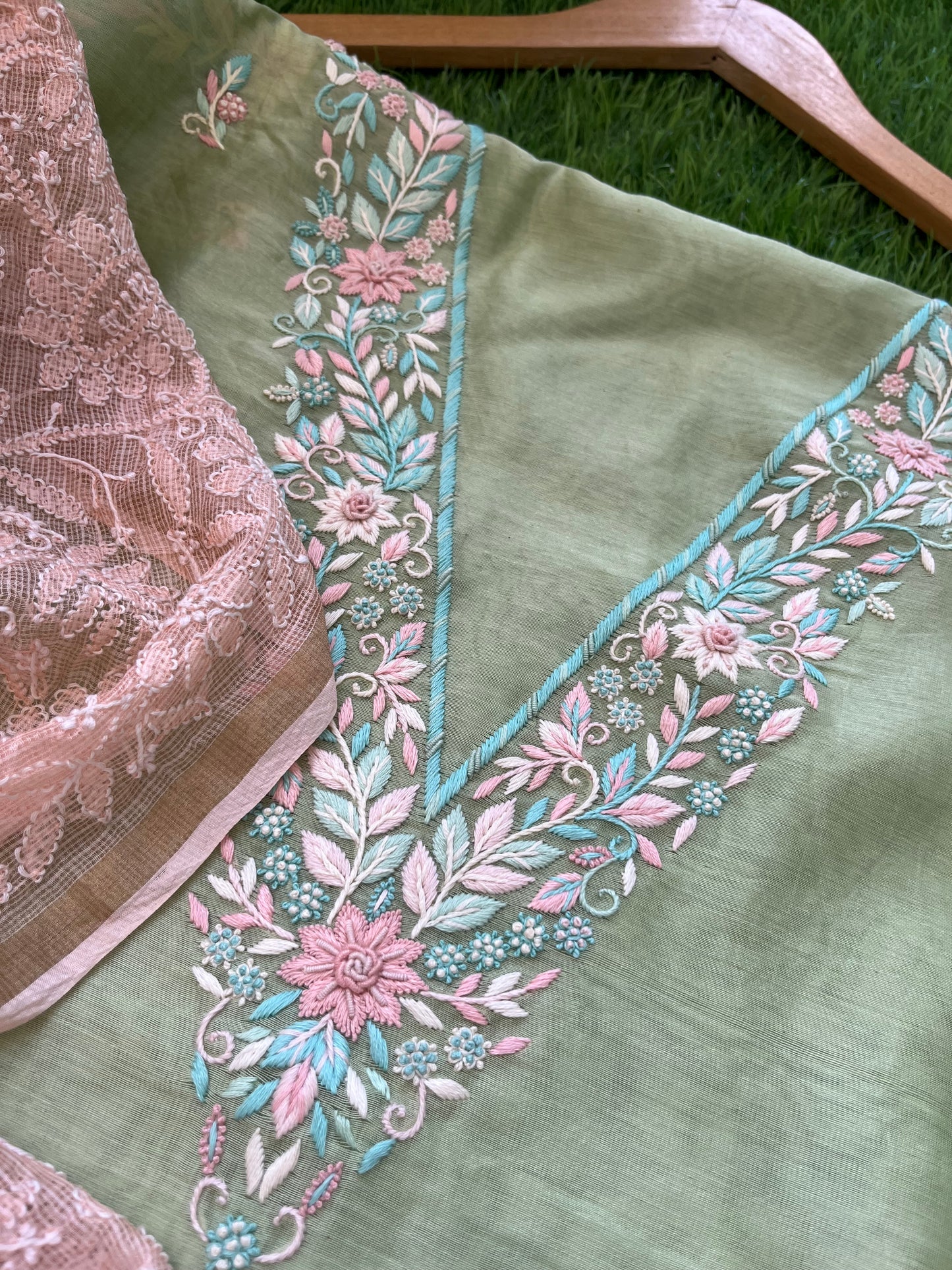 Hand embroidered chanderi kurta kota silk chikan work dupatta