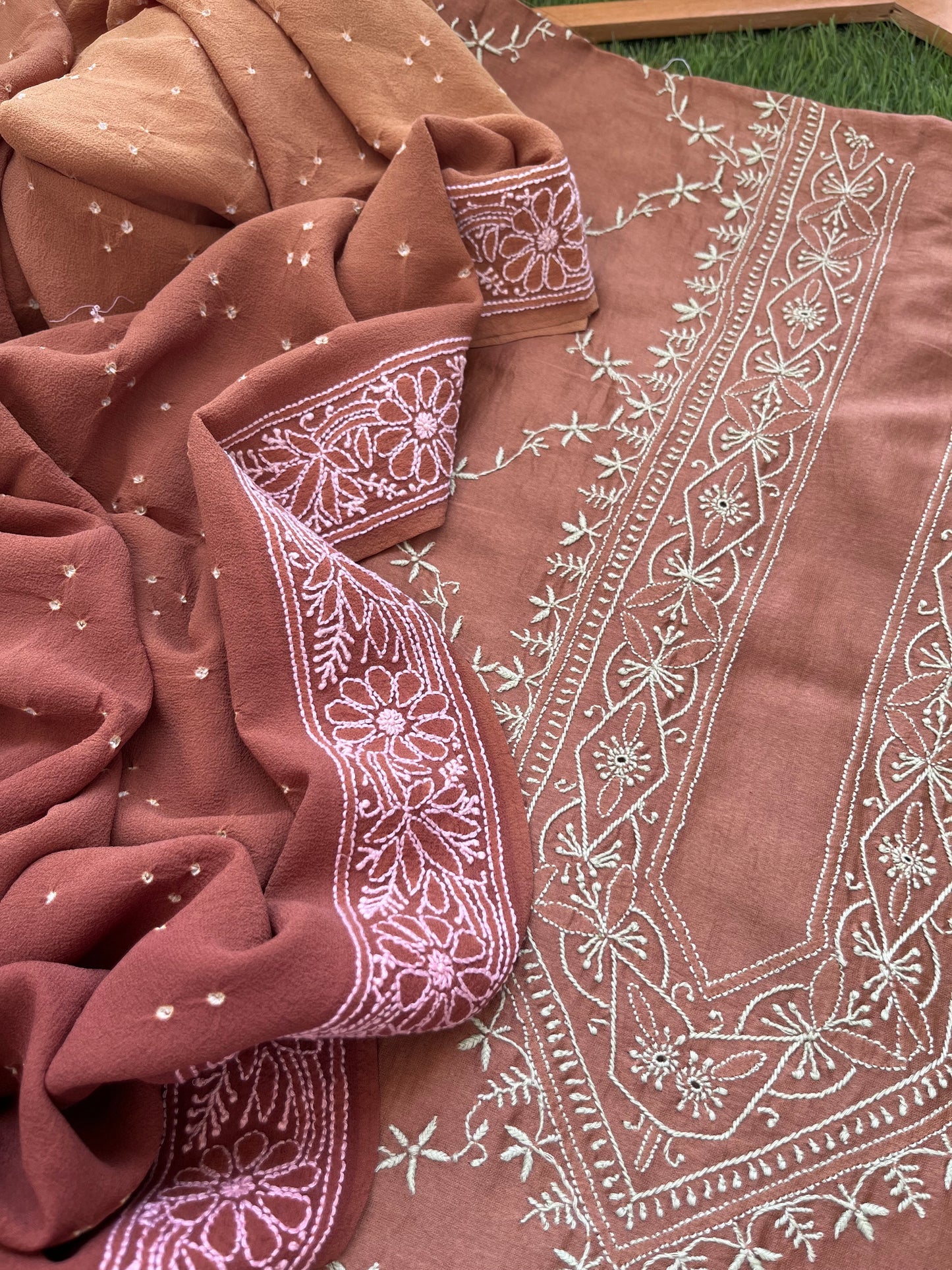 Chanderi Chikankari kurta with georgette dupatta