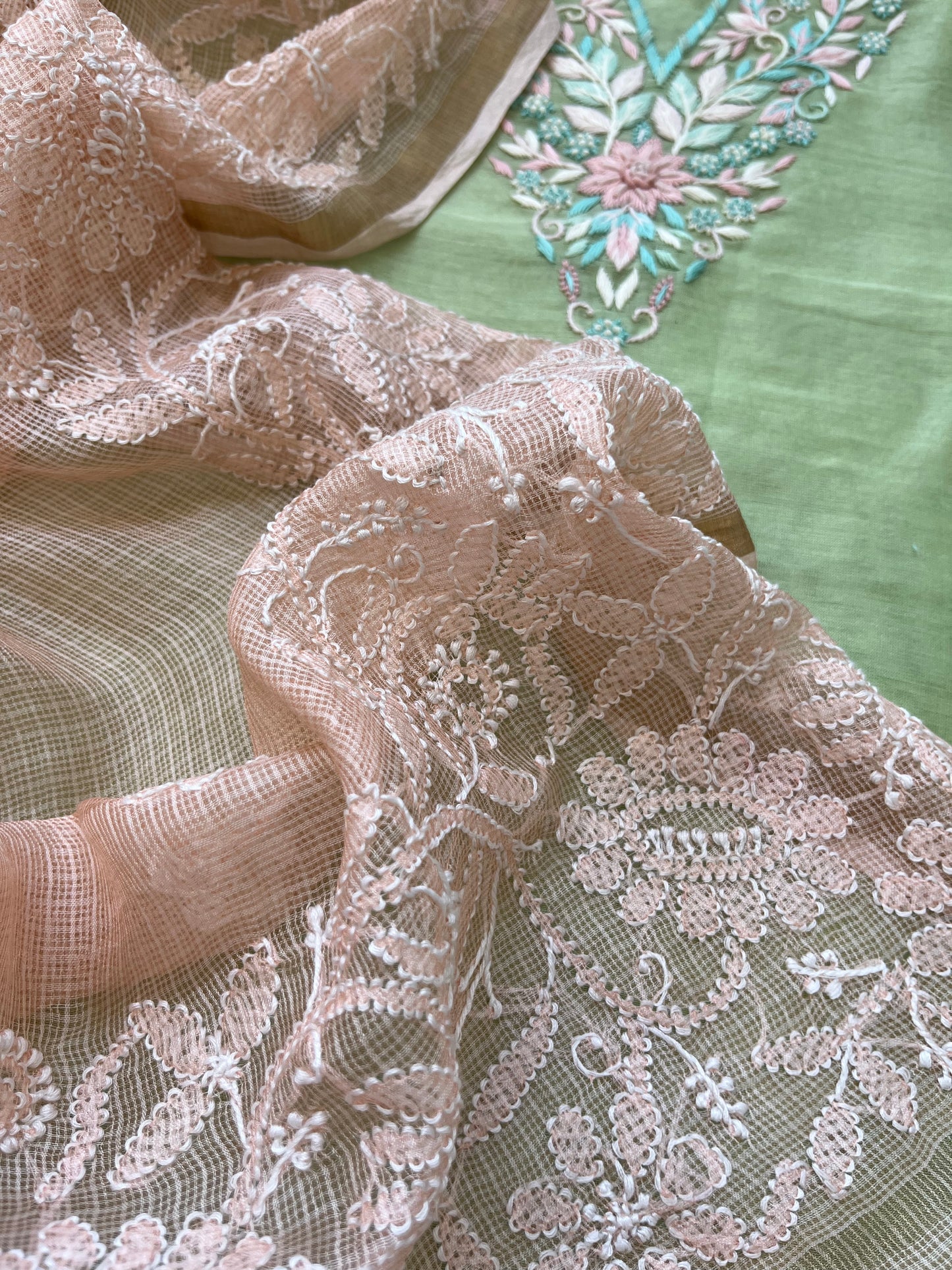 Hand embroidered chanderi kurta kota silk chikan work dupatta