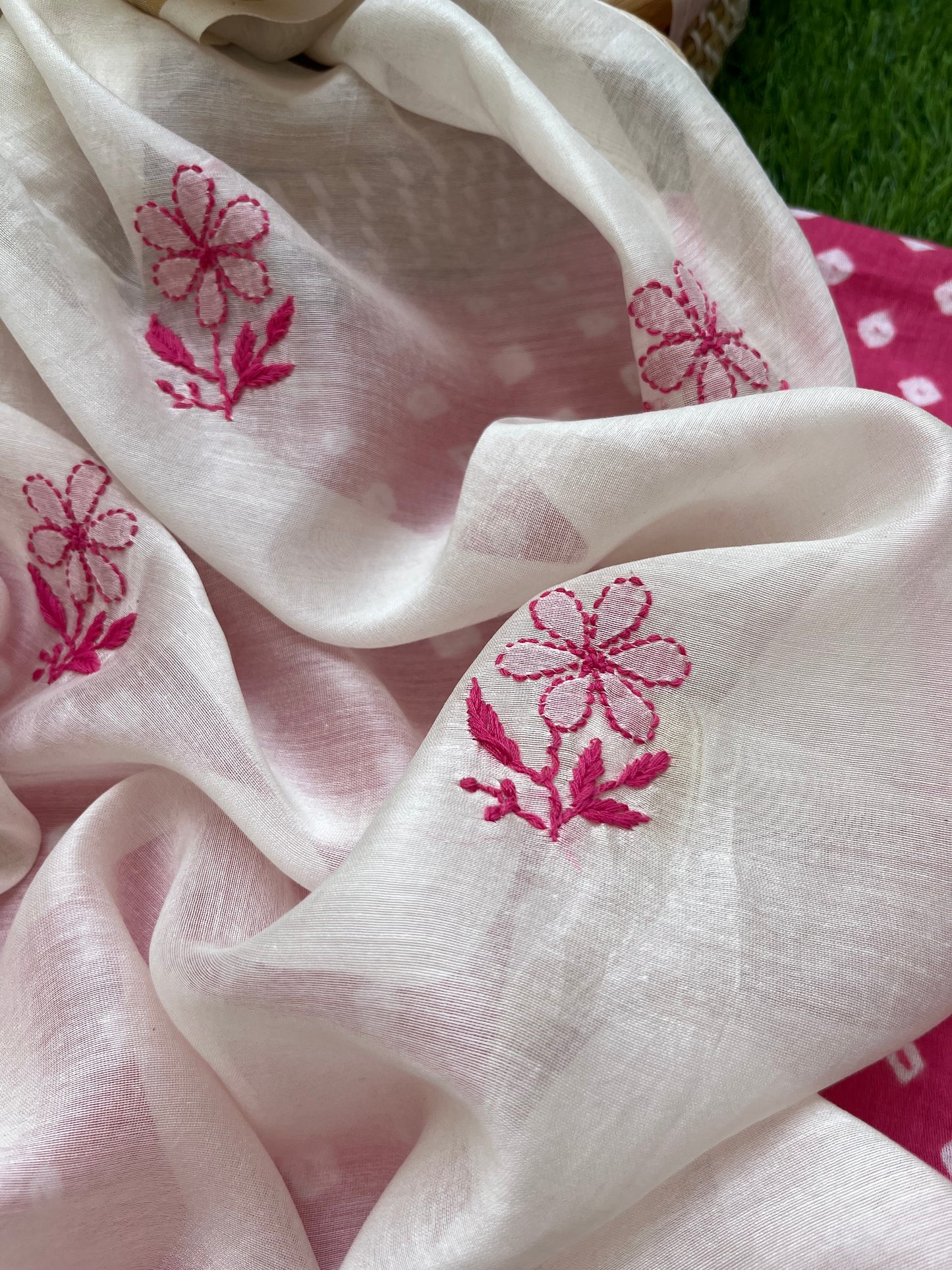 Cotton bandhani kurta fabric chanderi chikan work dupatta