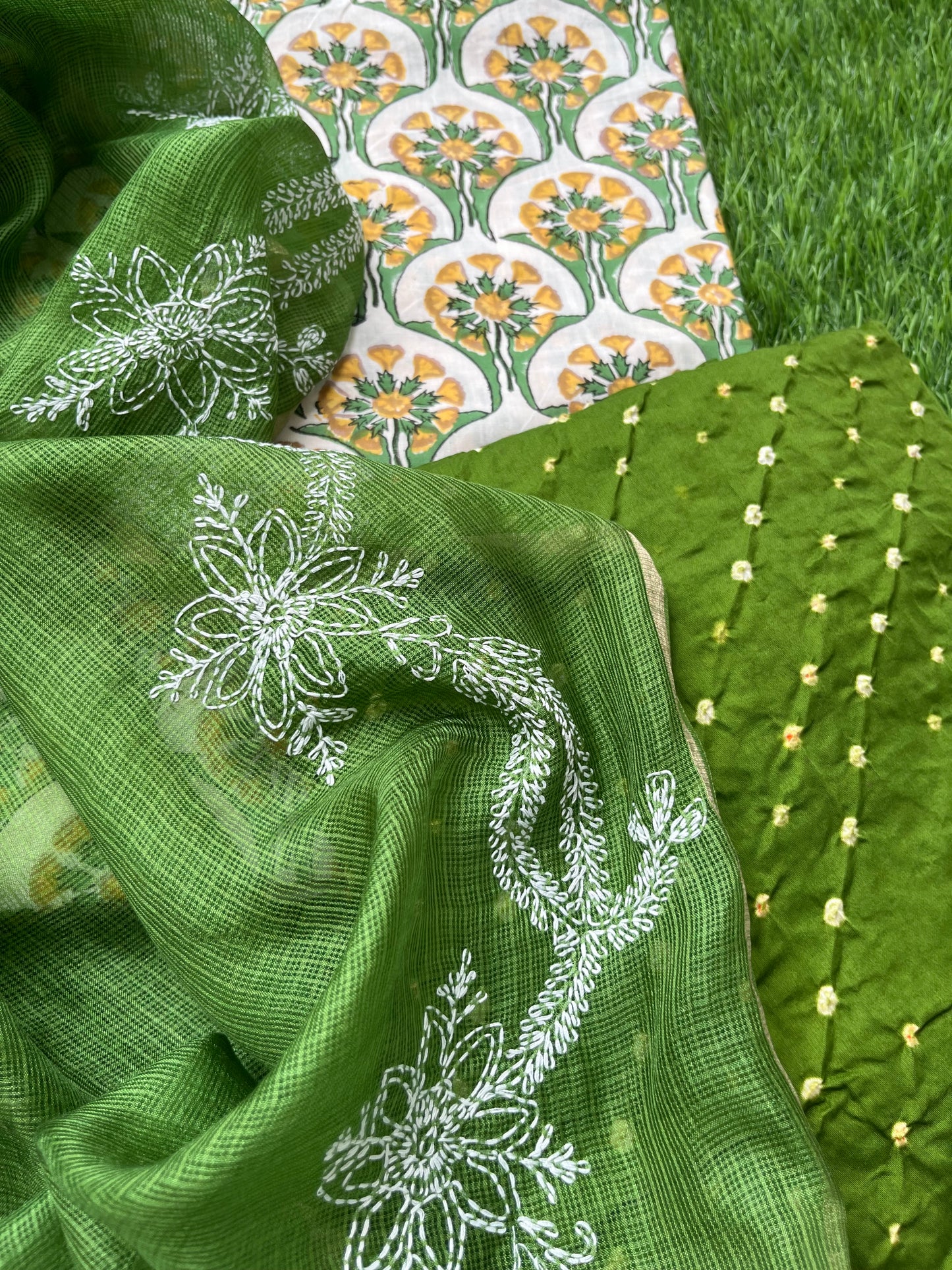 Chikankari kota silk Dupatta and block print kurta bandhani bottom Fabric