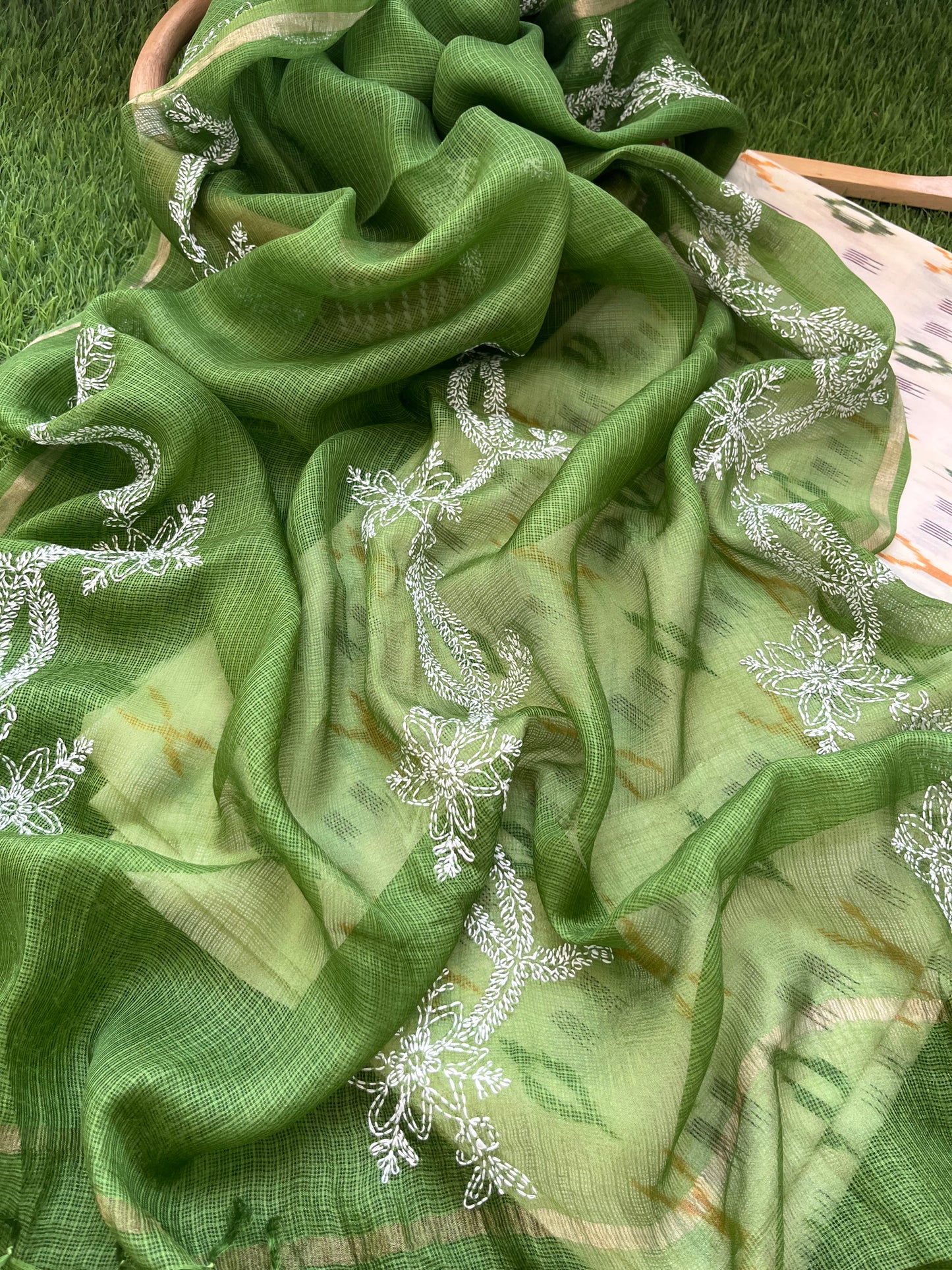 Kota silk Chikankari Dupatta with cotton ikkat kurta Fabric