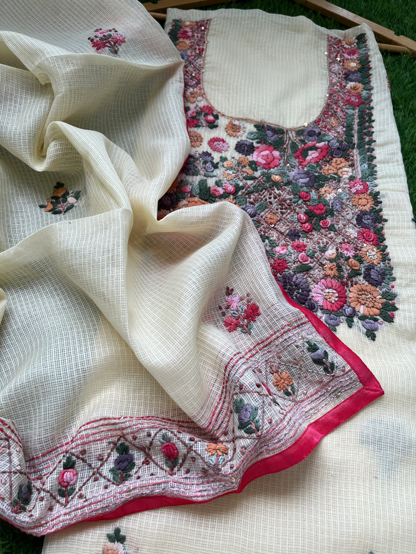 Kota hand embroidered kurta dupatta and plain bottom fabric