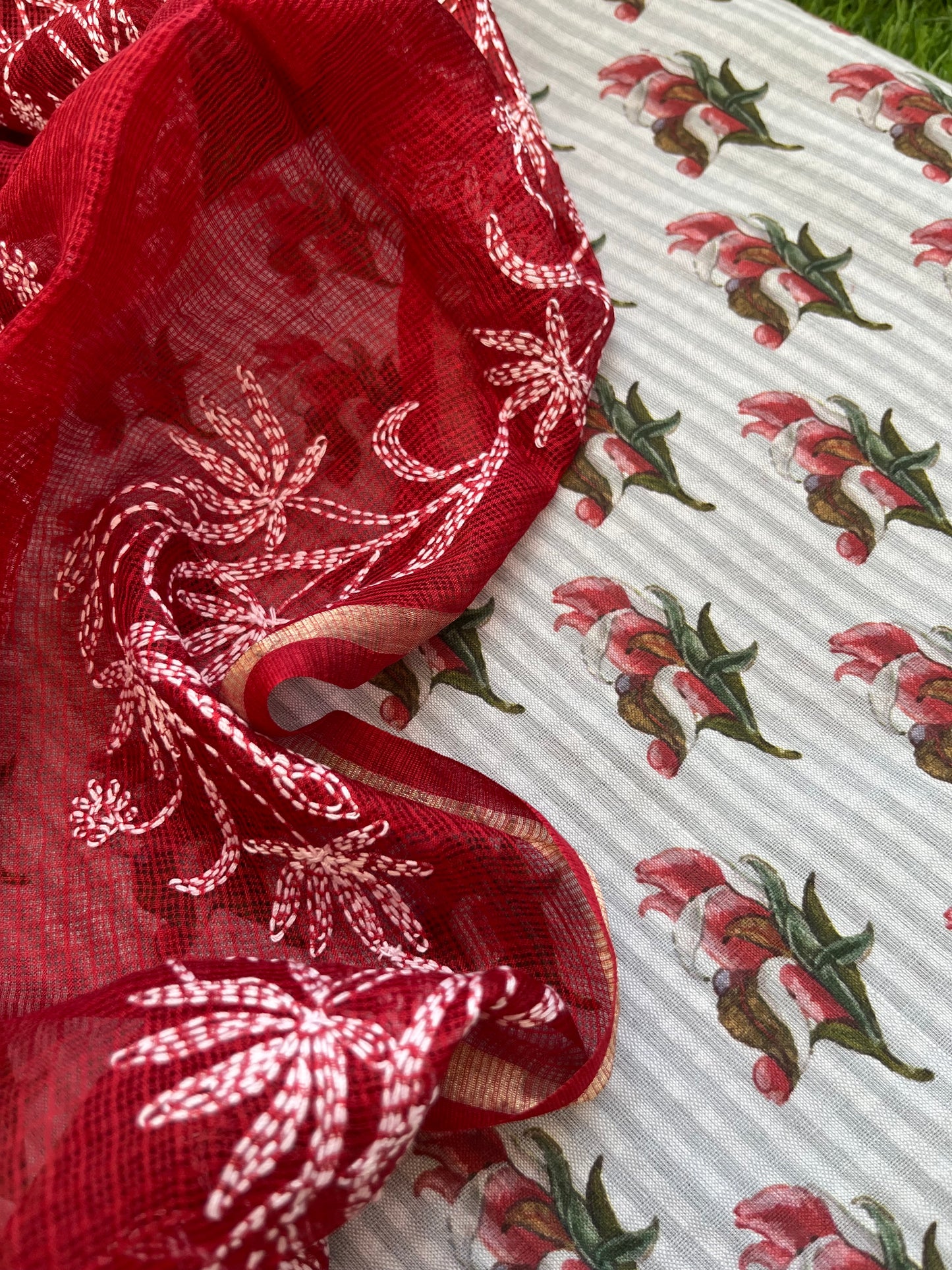 Chikankari kota silk Dupatta and block print kurta bottom Fabric