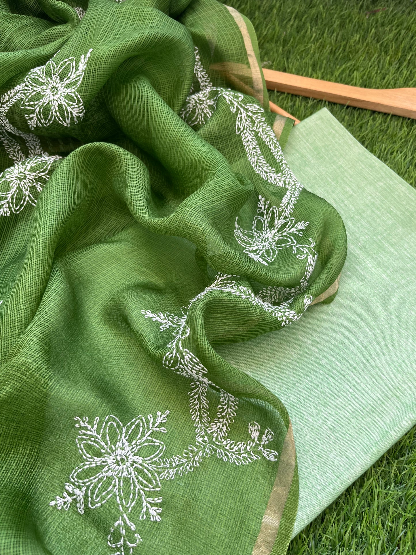 Kota silk Chikankari Dupatta with khadi kurta bottom Fabric