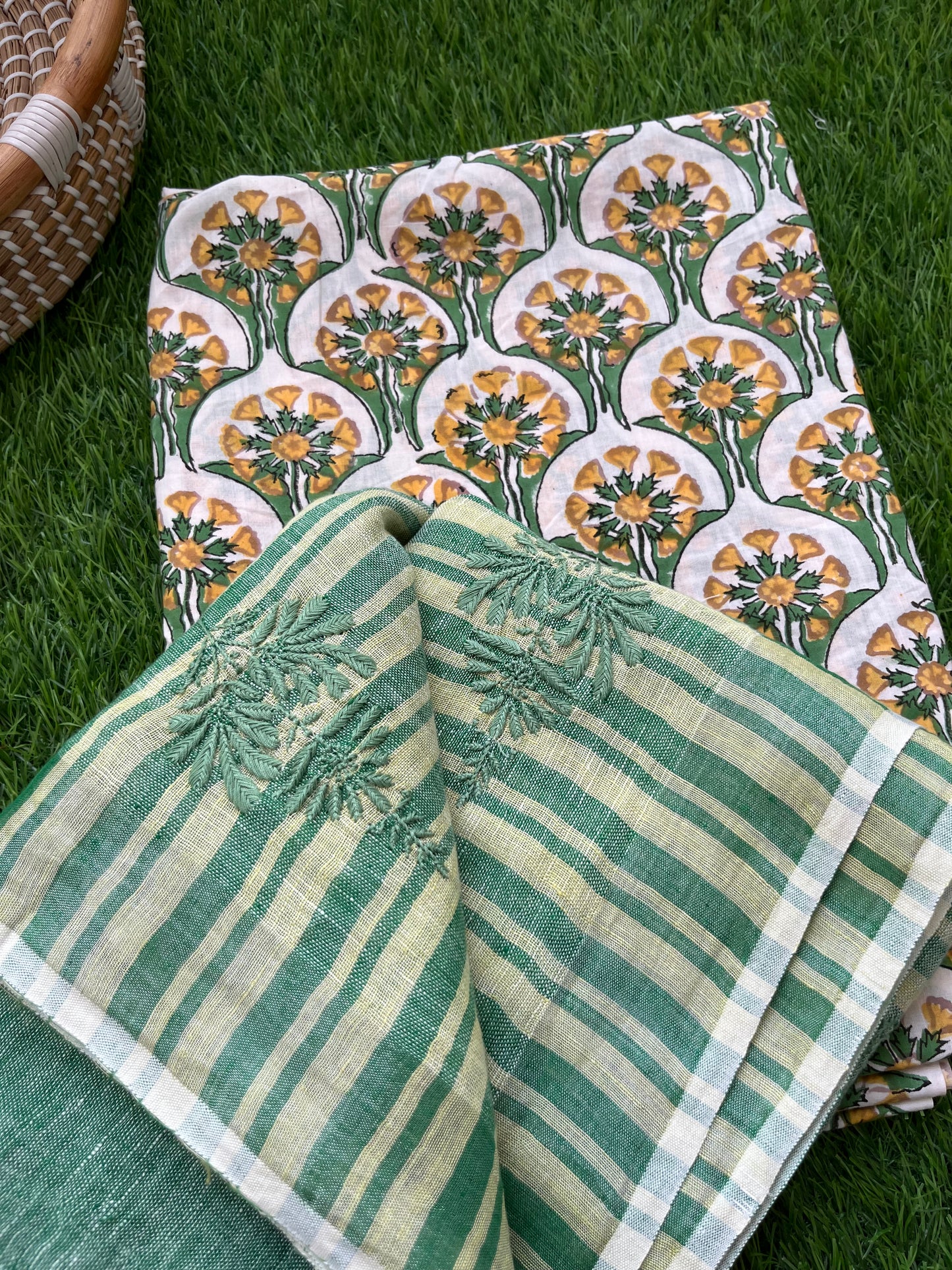 Cotton block print kurta fabric chikan work dupatta