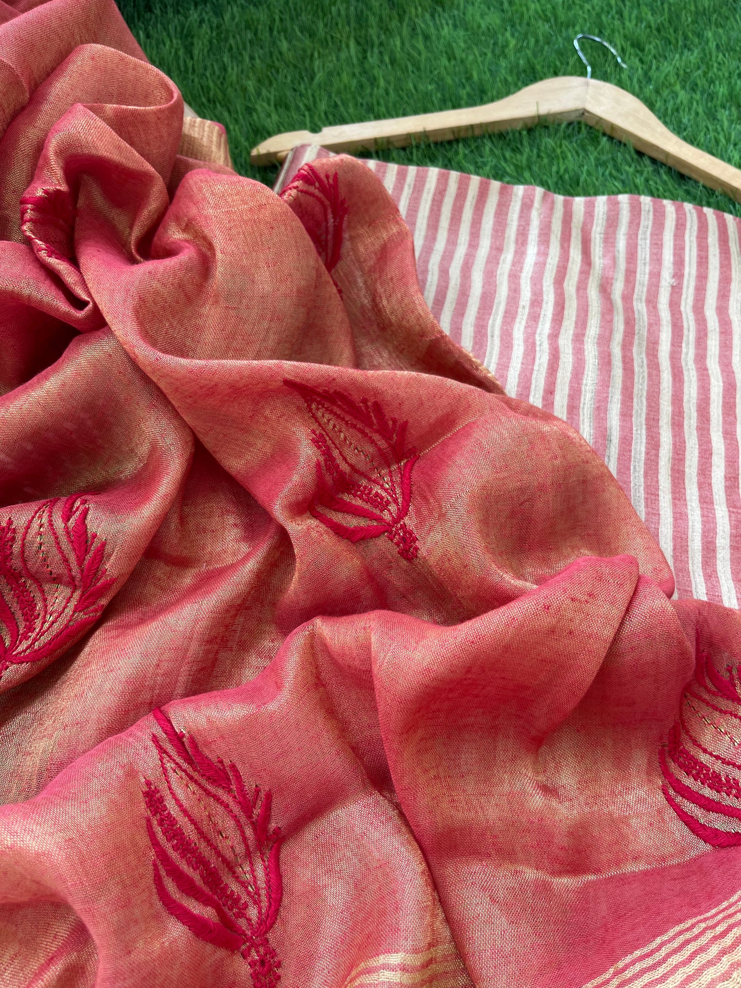 Striped silk kurta bottom fabric linen tissue chikan work dupatta