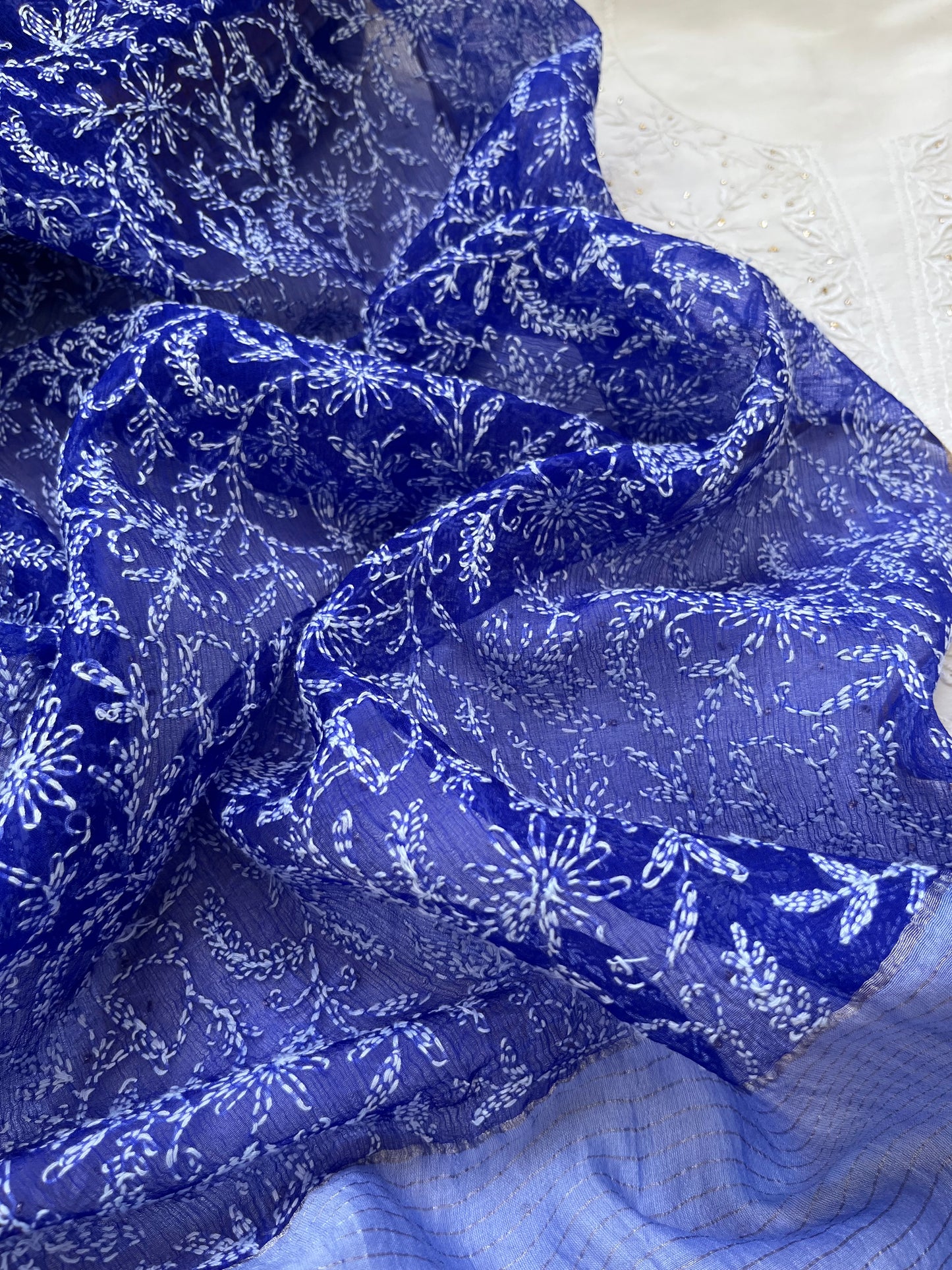 Chanderi Chikankari Kurta organza silk Dupatta
