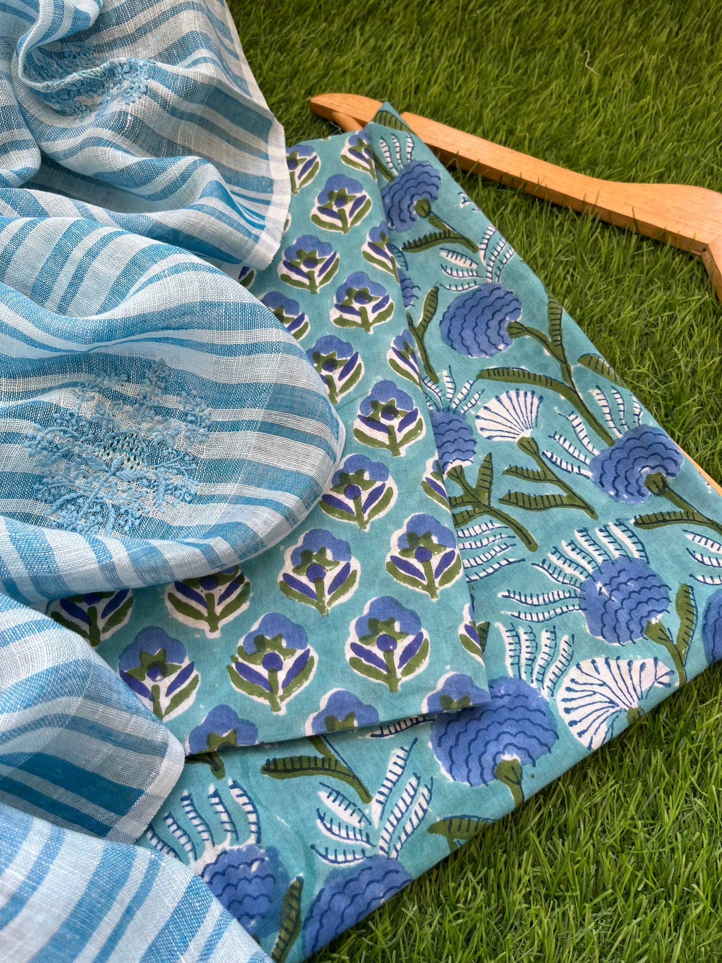 Cotton block print kurta bottom fabric chikan work dupatta