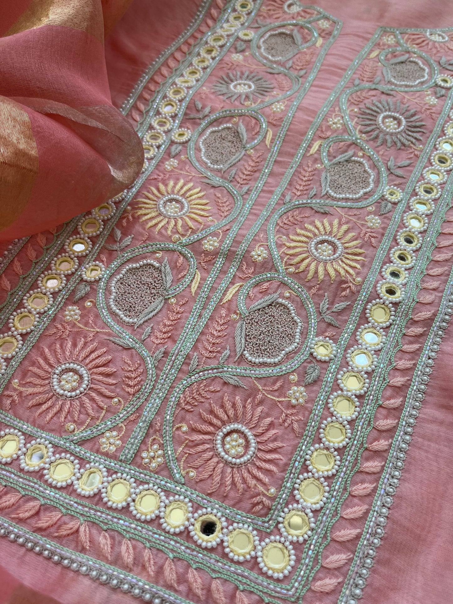 त्योहार :organza Dupatta with chanderi hand embroidered kurta bottom Fabric