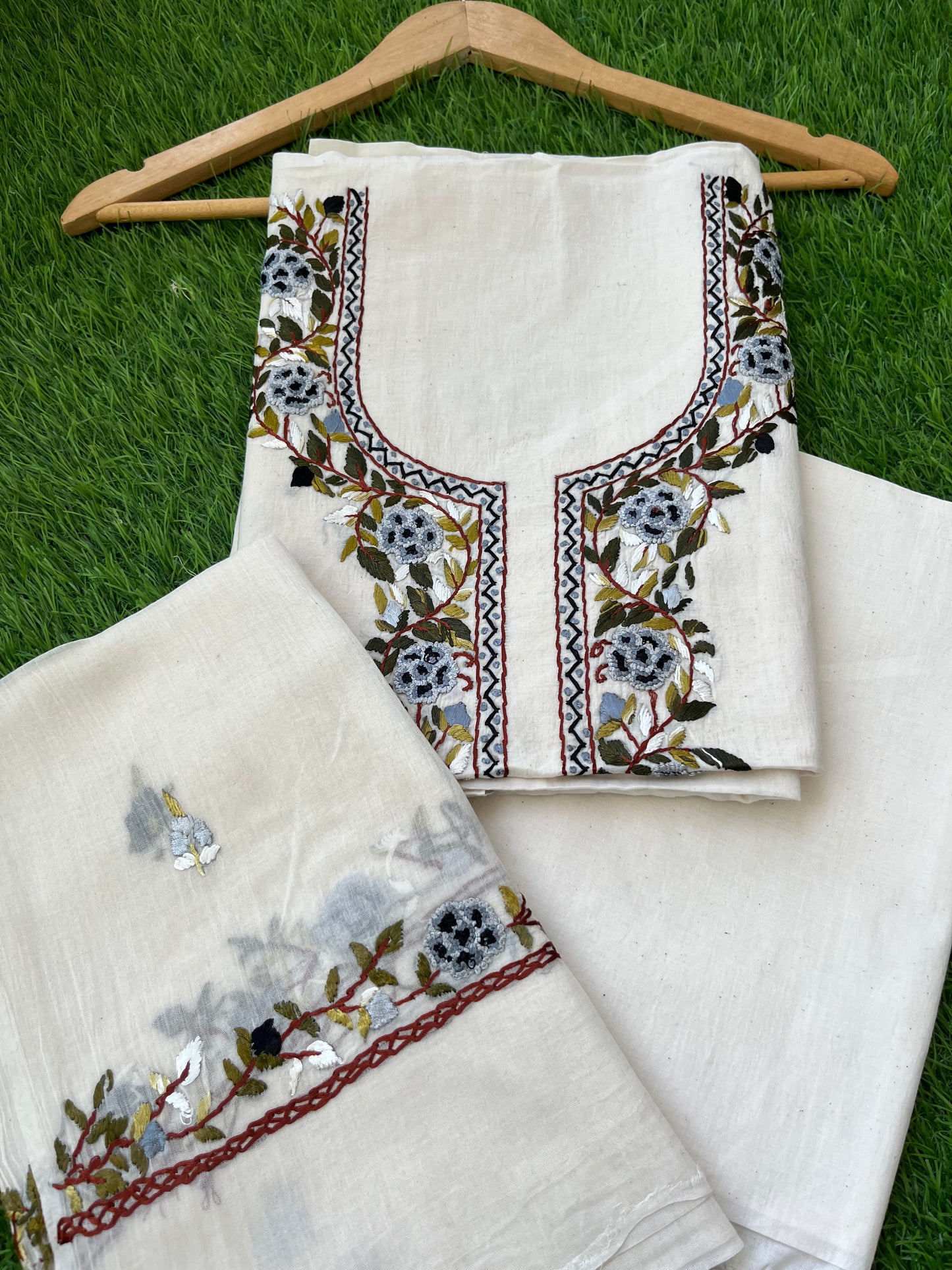 Handwoven Cotton knot work embroidered kurta dupatta and plain bottom fabric