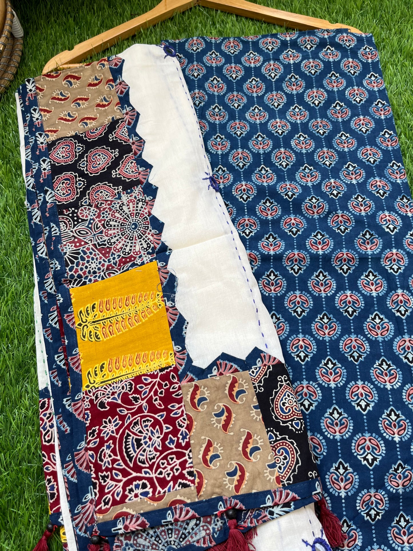 Cotton ajrakh kurta applique Mirror work dupatta set