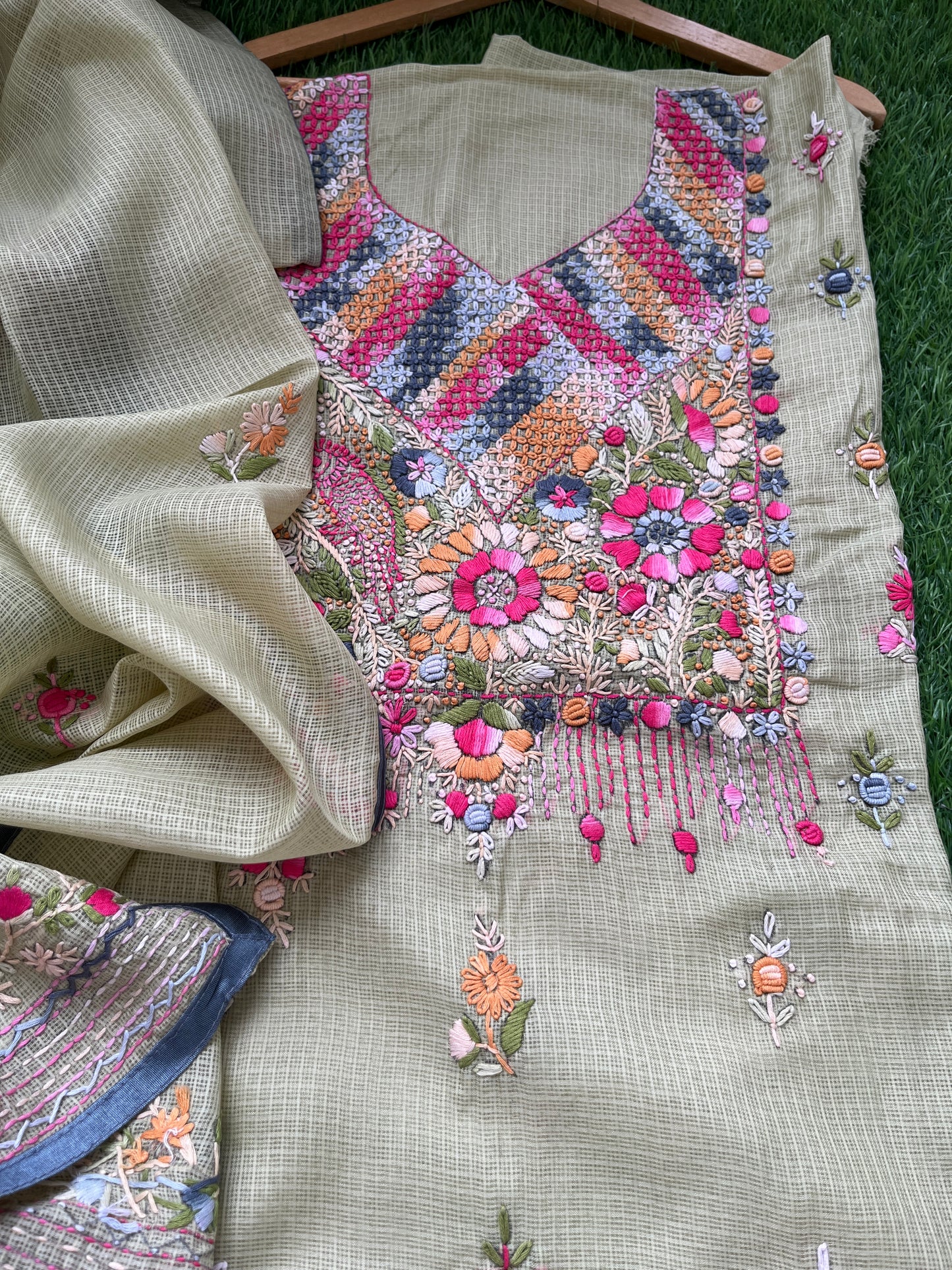 Kota hand embroidered kurta dupatta and plain bottom fabric